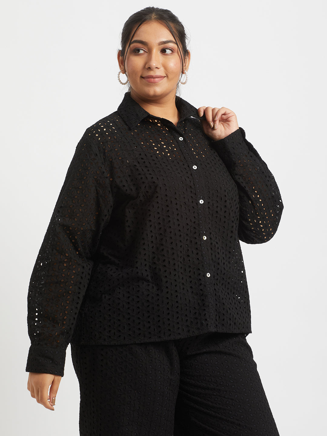 Black Cotton Schiffli Plus Size Co-ord