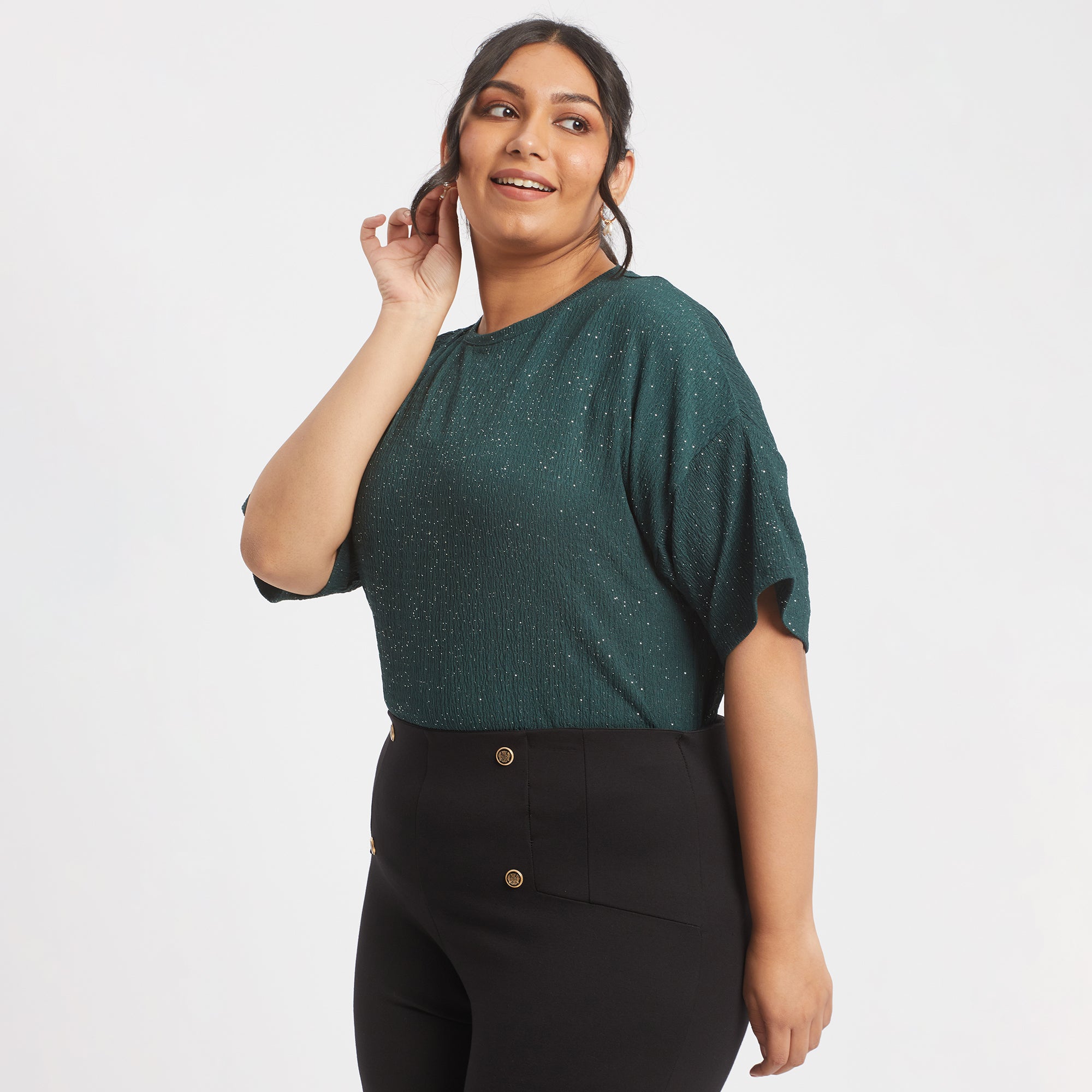 Green glitter textured plus size knit top