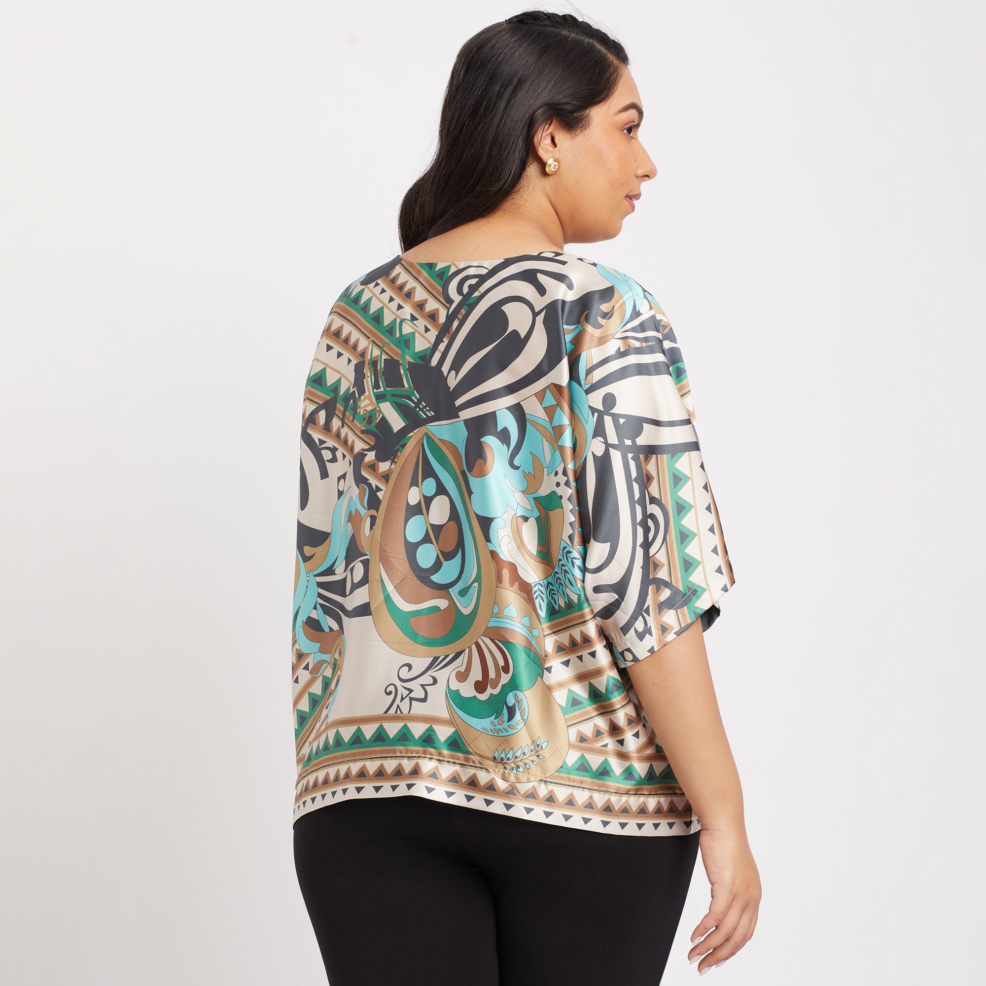 Abstract Print Boat Neck Satin Plus Size Top