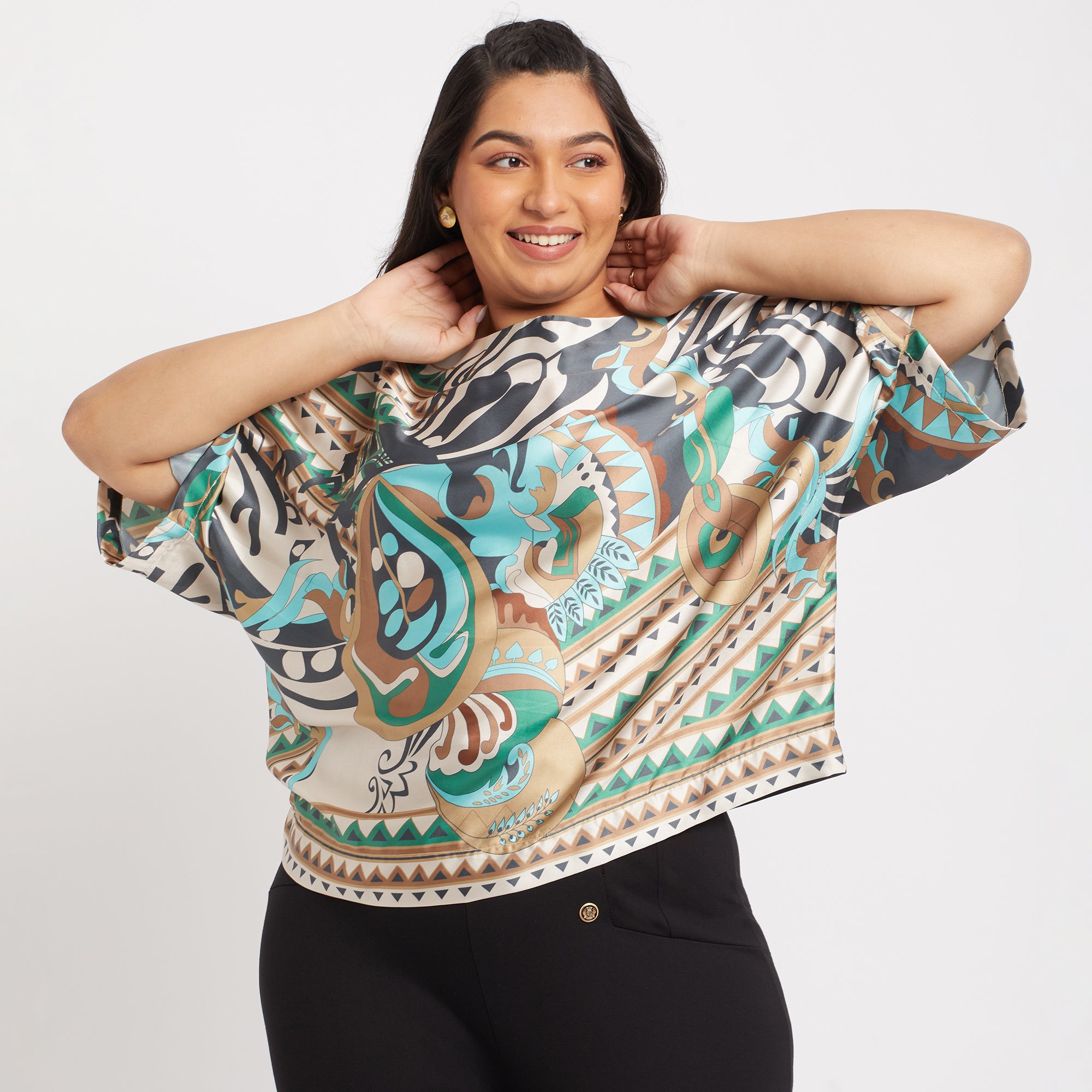 Abstract Print Boat Neck Satin Plus Size Top