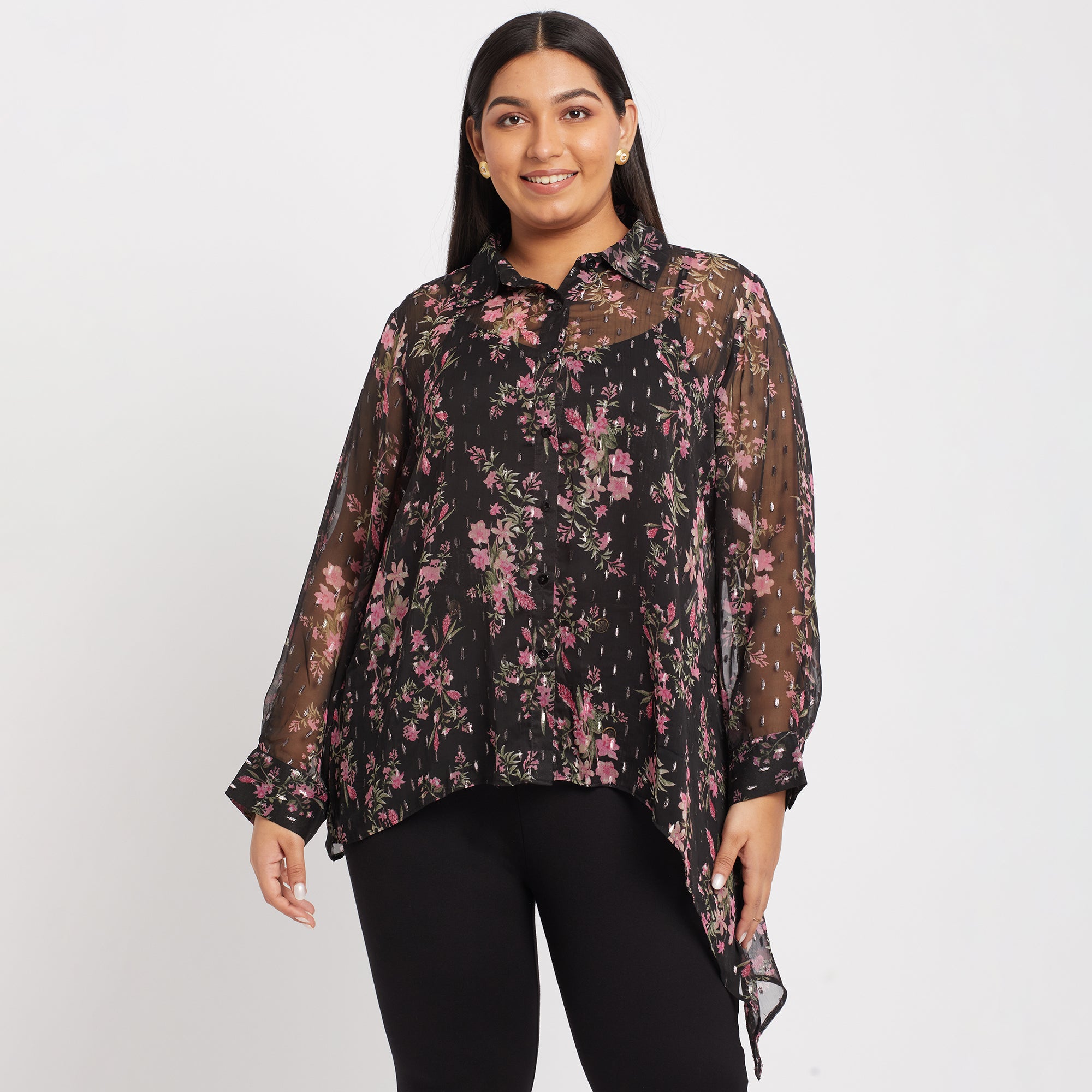 Chiffon Print Asymmetric Plus Size Shirt