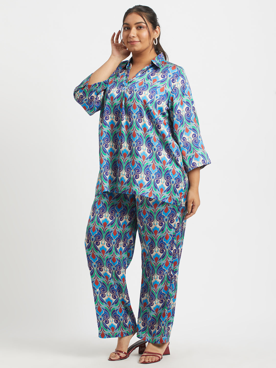 Blue Printed Plus Size Satin Co-ord Set