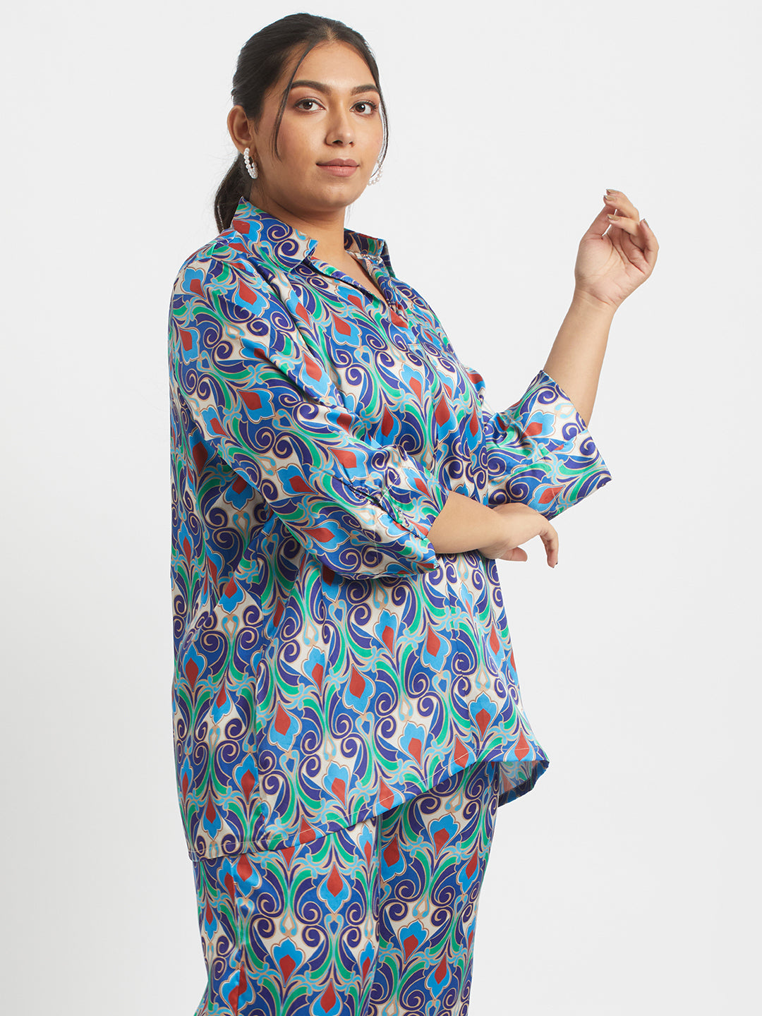 Blue Printed Plus Size Satin Co-ord Set