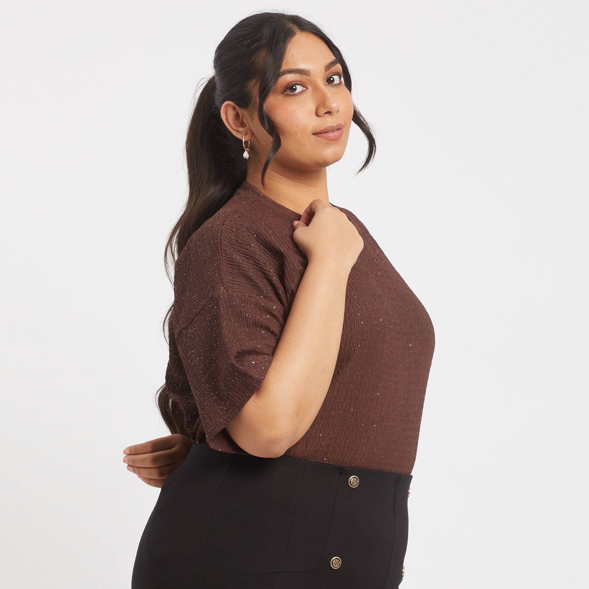 Brown glitter textured plus size knit top