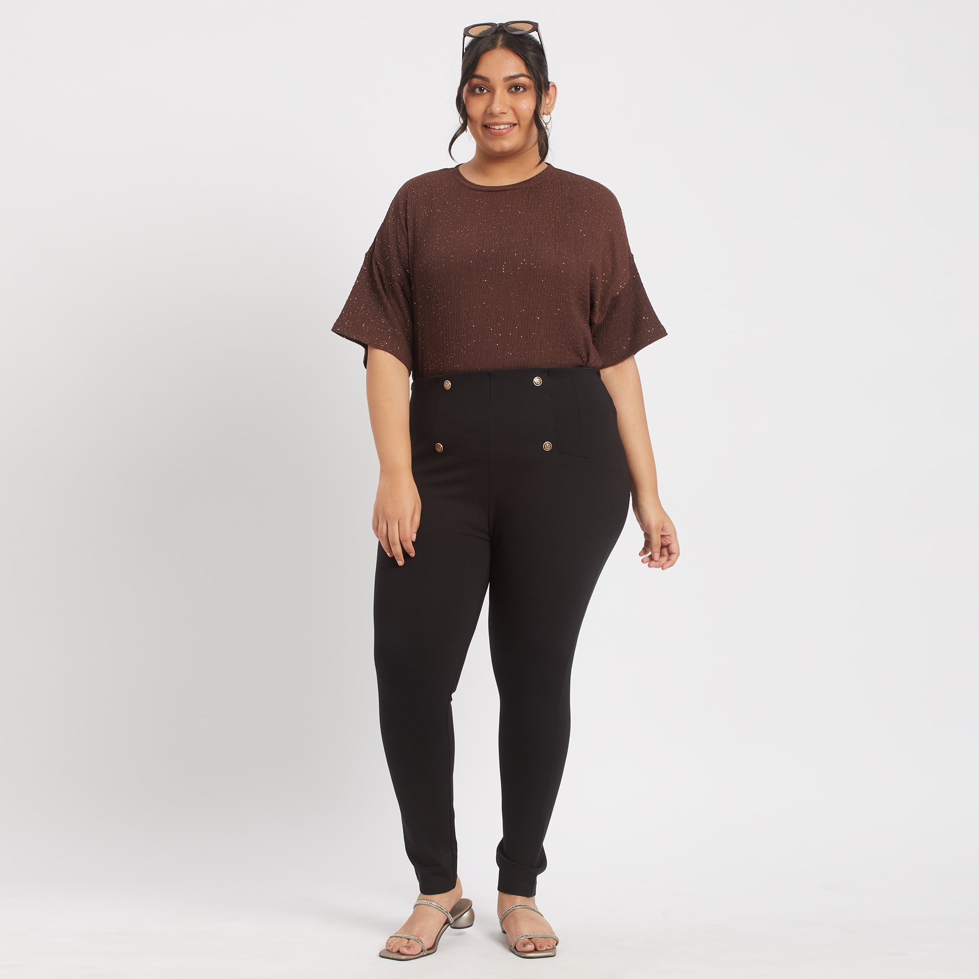 Brown glitter textured plus size knit top