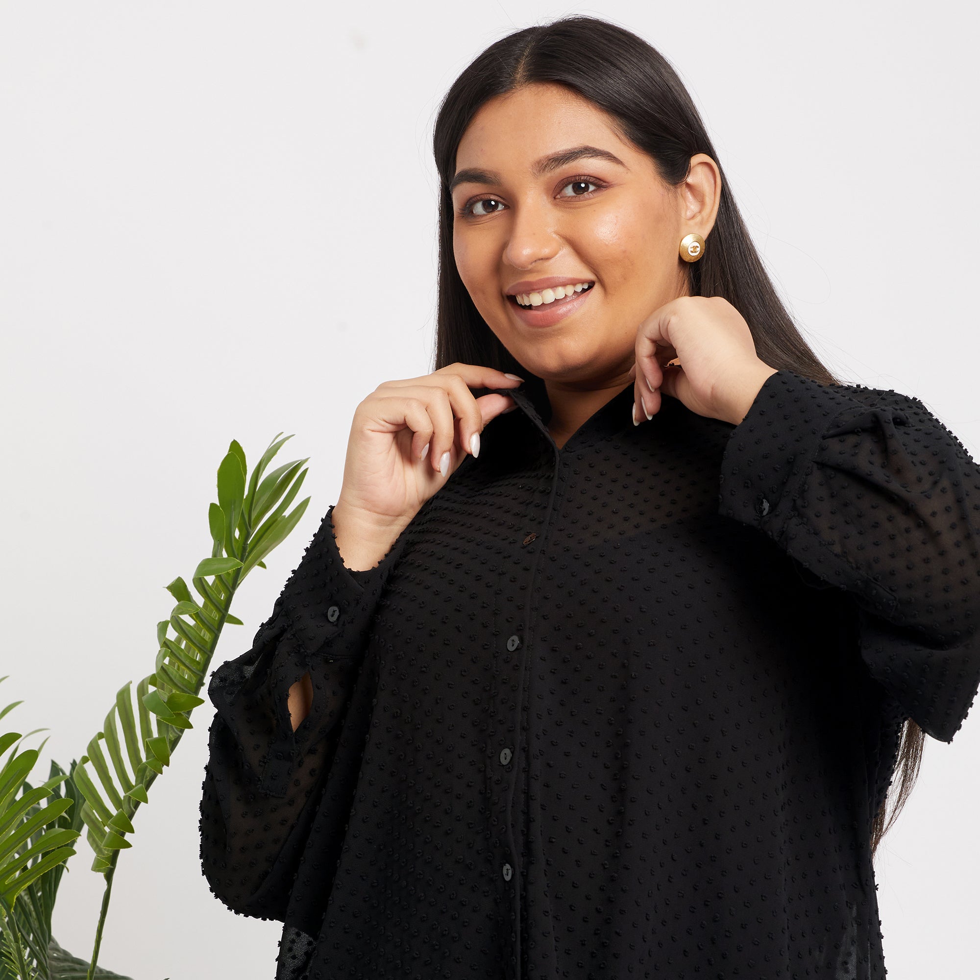 Black Dobby Asymmetric Plus Size Shirt