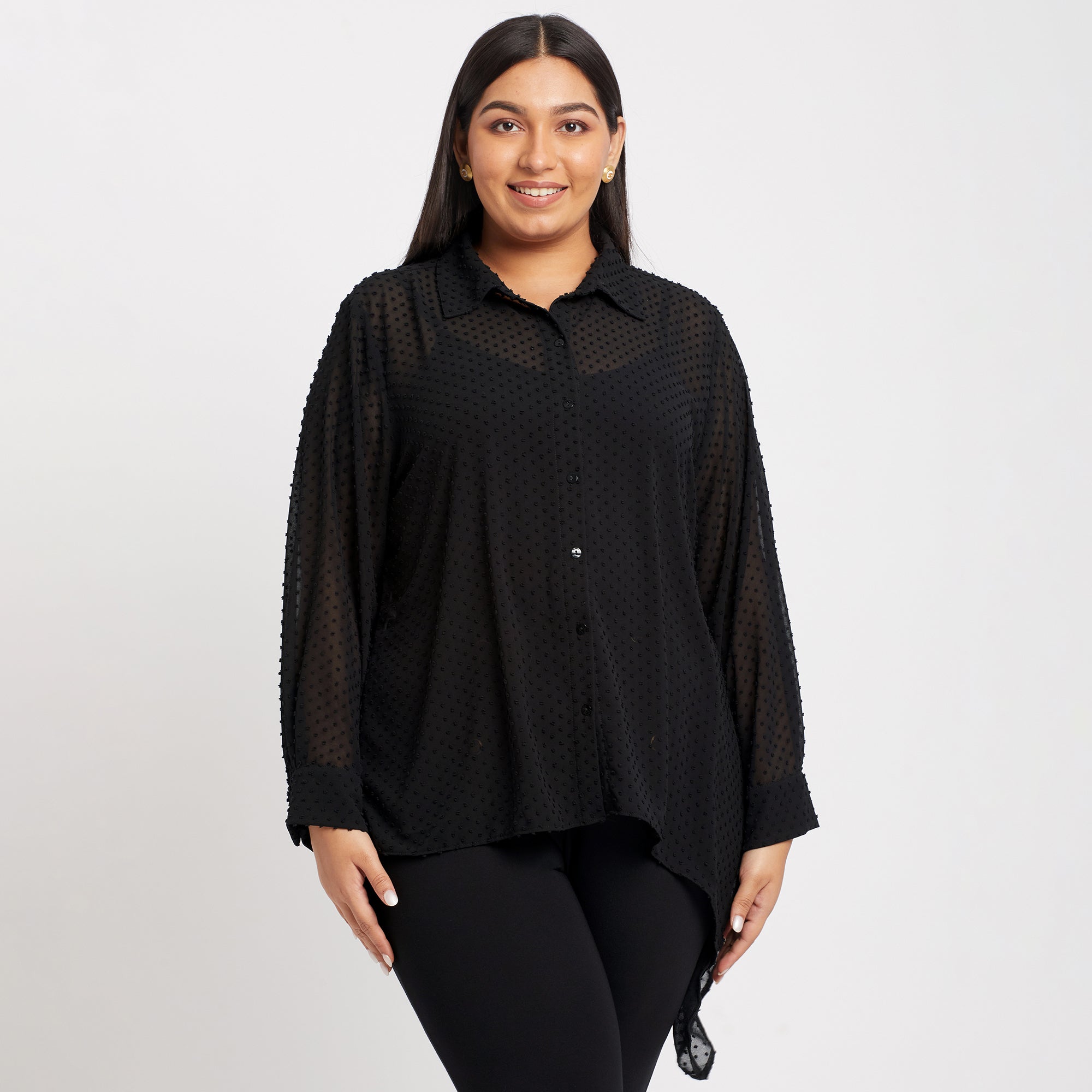 Black Dobby Asymmetric Plus Size Shirt