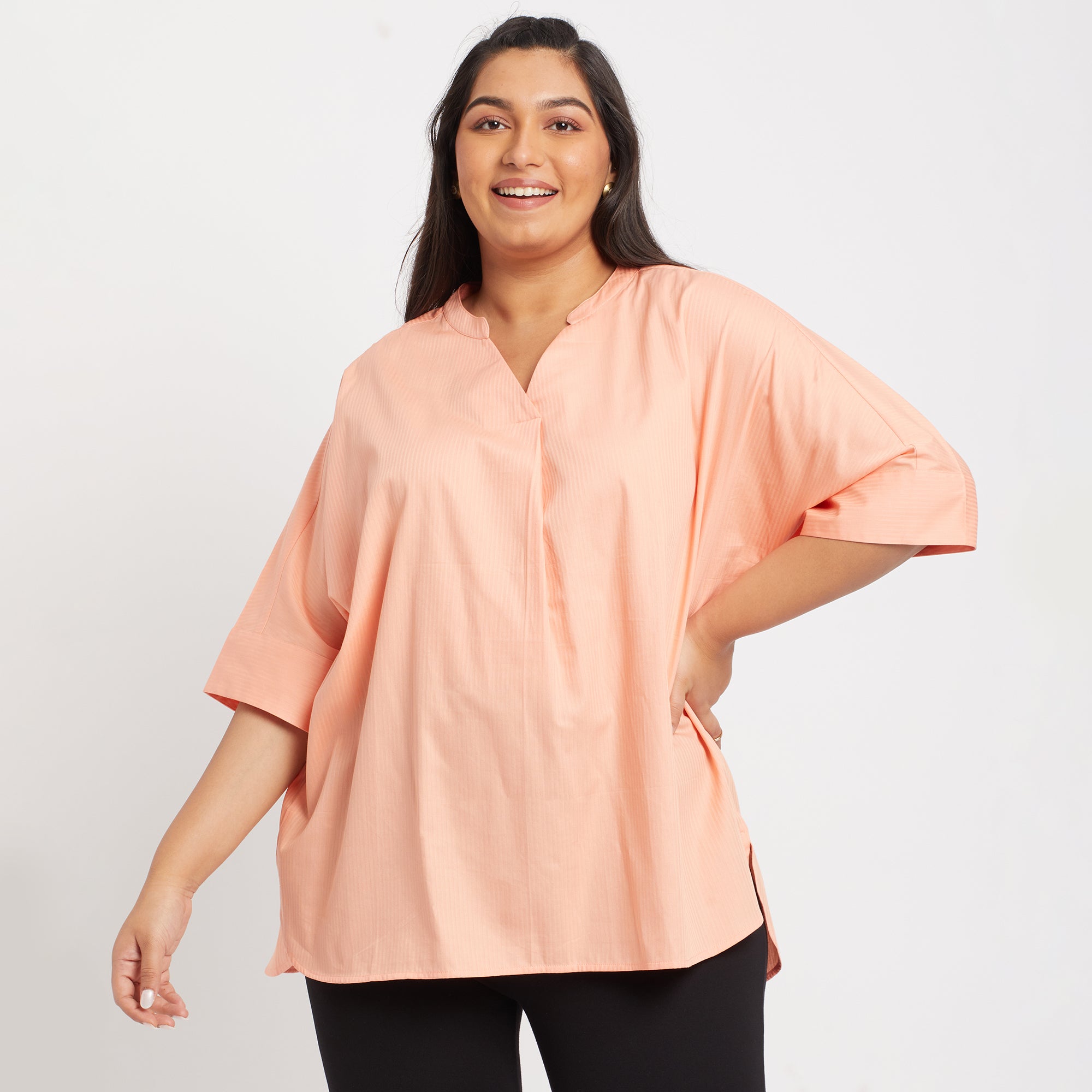 Orange Stripes Cotton Plus Size Tunic Top