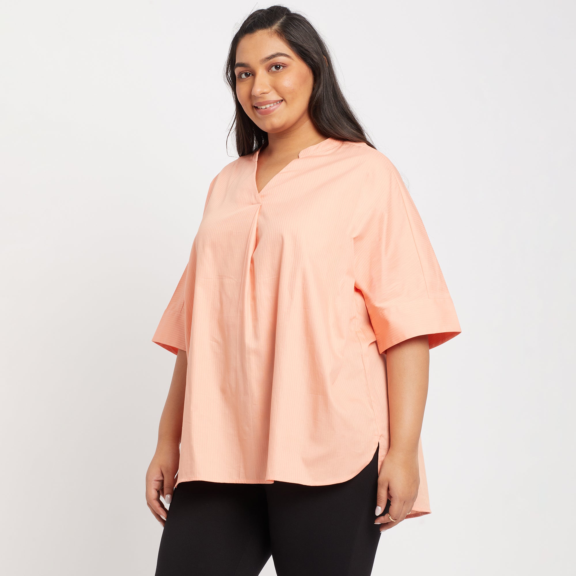 Orange Stripes Cotton Plus Size Tunic Top