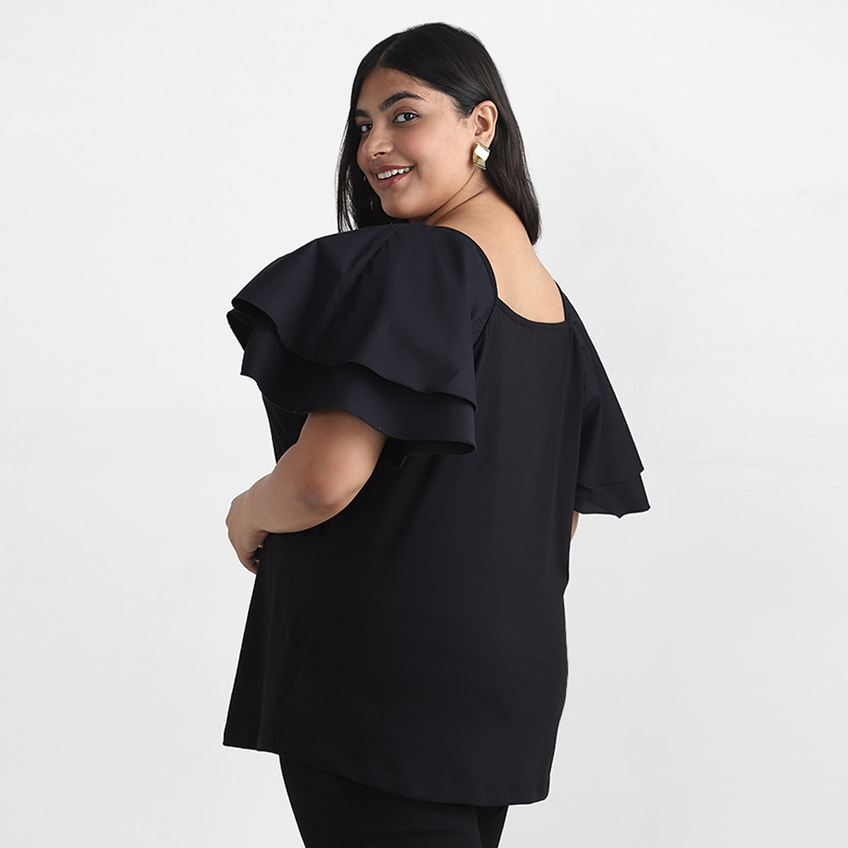 Poplin Ruffle Sleeves Plus Size Knit Top