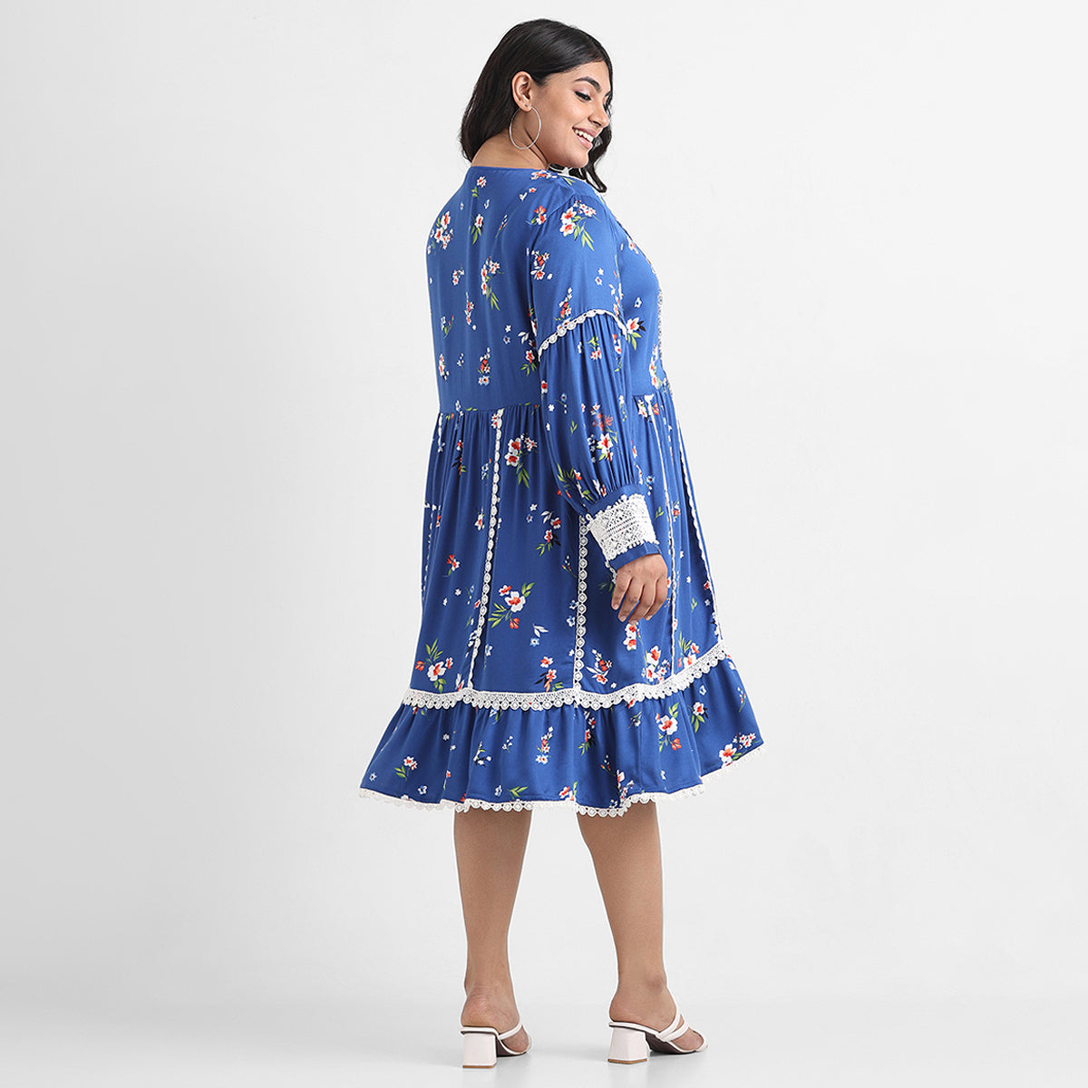 Royal blue printed lace inserts plus size rayon short dress