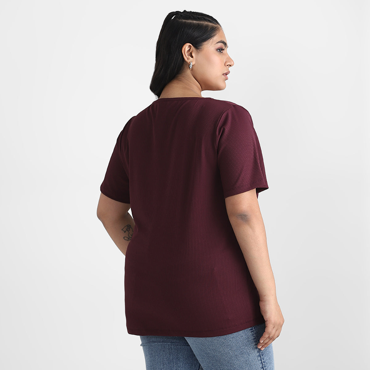 Maroon V Neck Rib Plus Size Tshirt