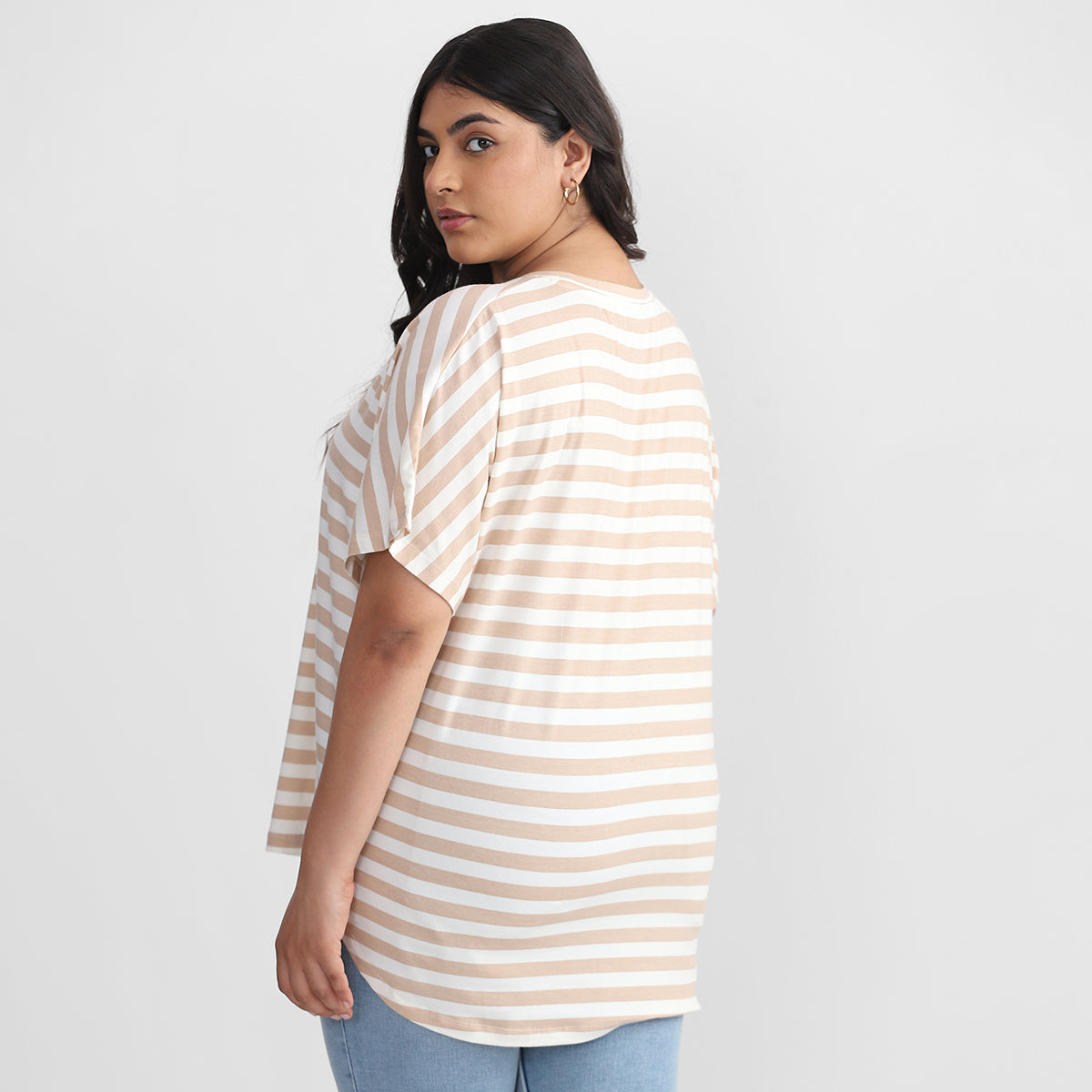 Oatmeal Stripes T-shirt For Plus Size Women