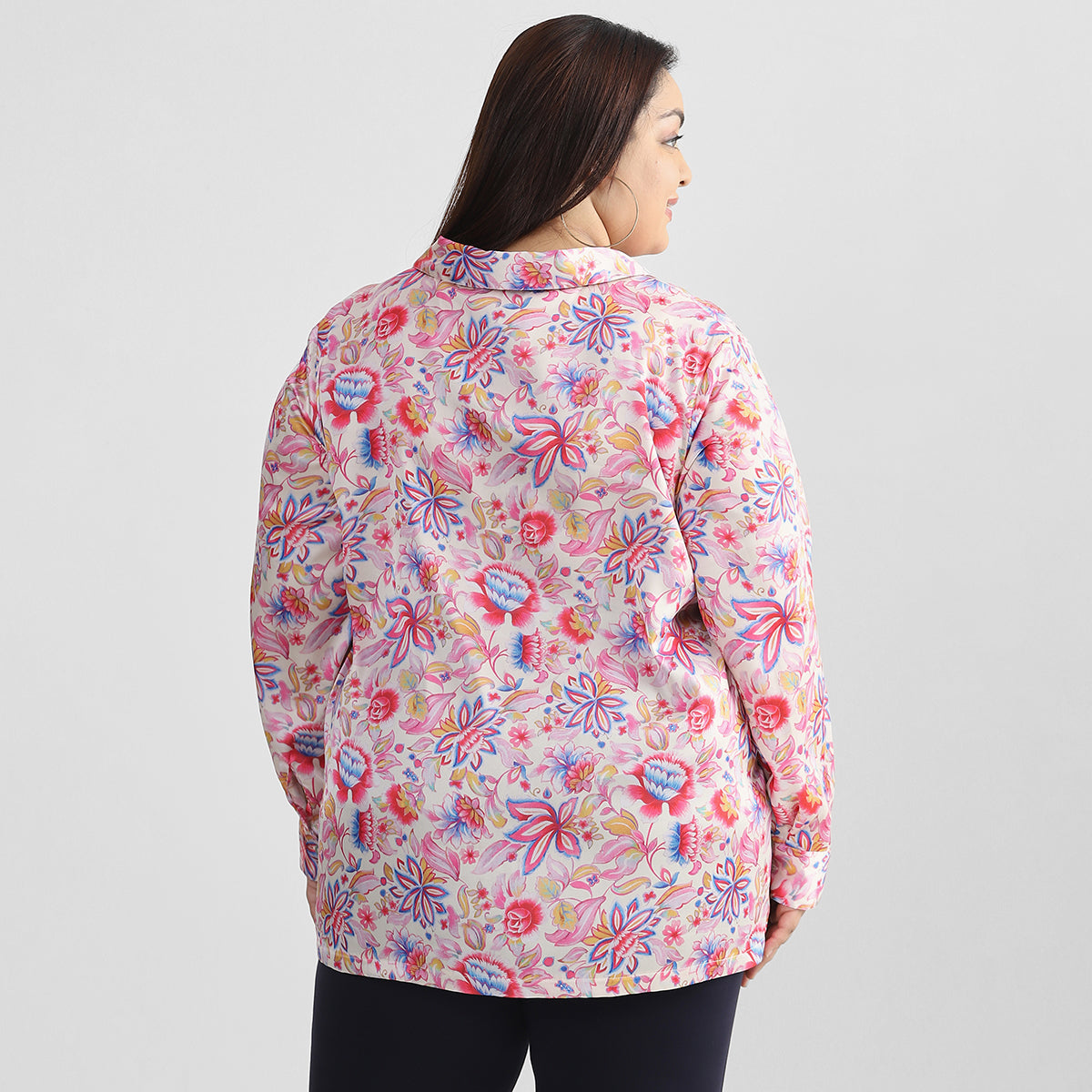 Pink Floral Printed Plus Size Basic Satin Shirt