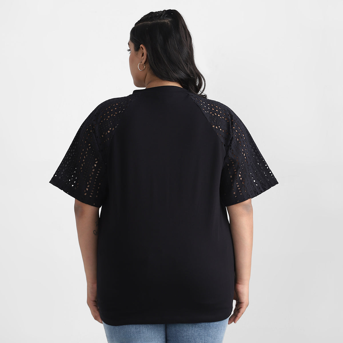 Schiffli Sleeve Detail Plus Size Tshirt