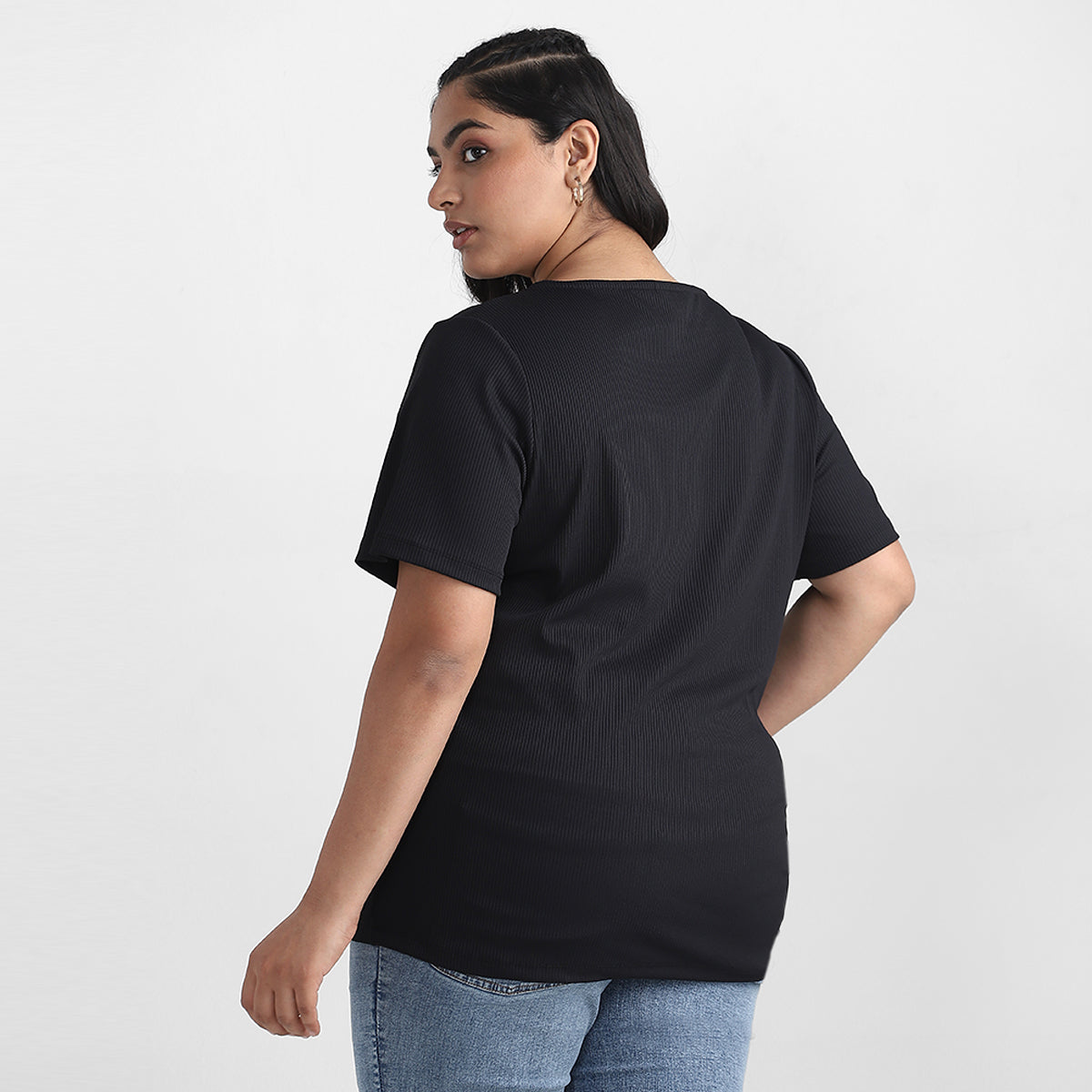 Black V Neck Rib Plus Size Tshirt