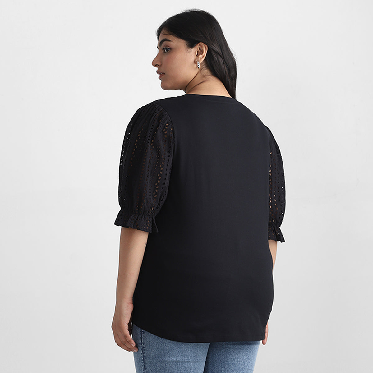 Embroidery Puff Sleeve Plus Size Jersey Top