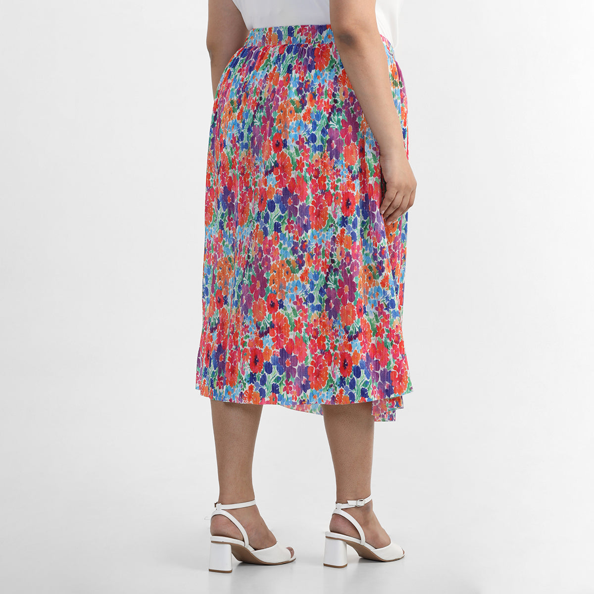 Multi Colored Floral Printed Plus Size Pleated Knit Skirt