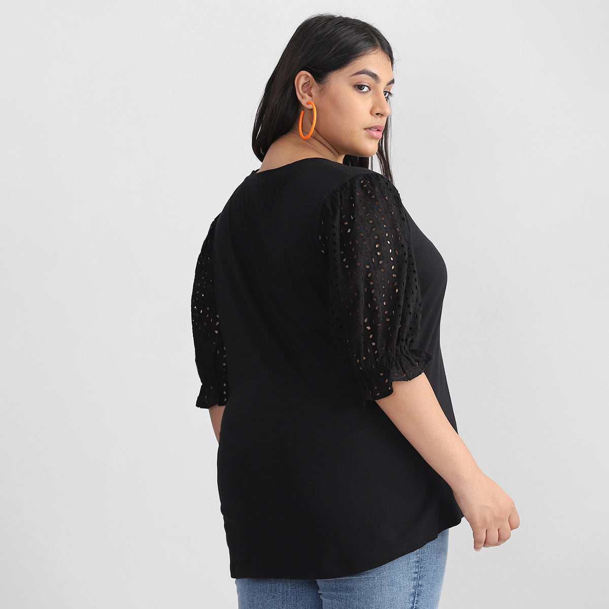 Black Cutwork Sleeves Top For Plus Size Women