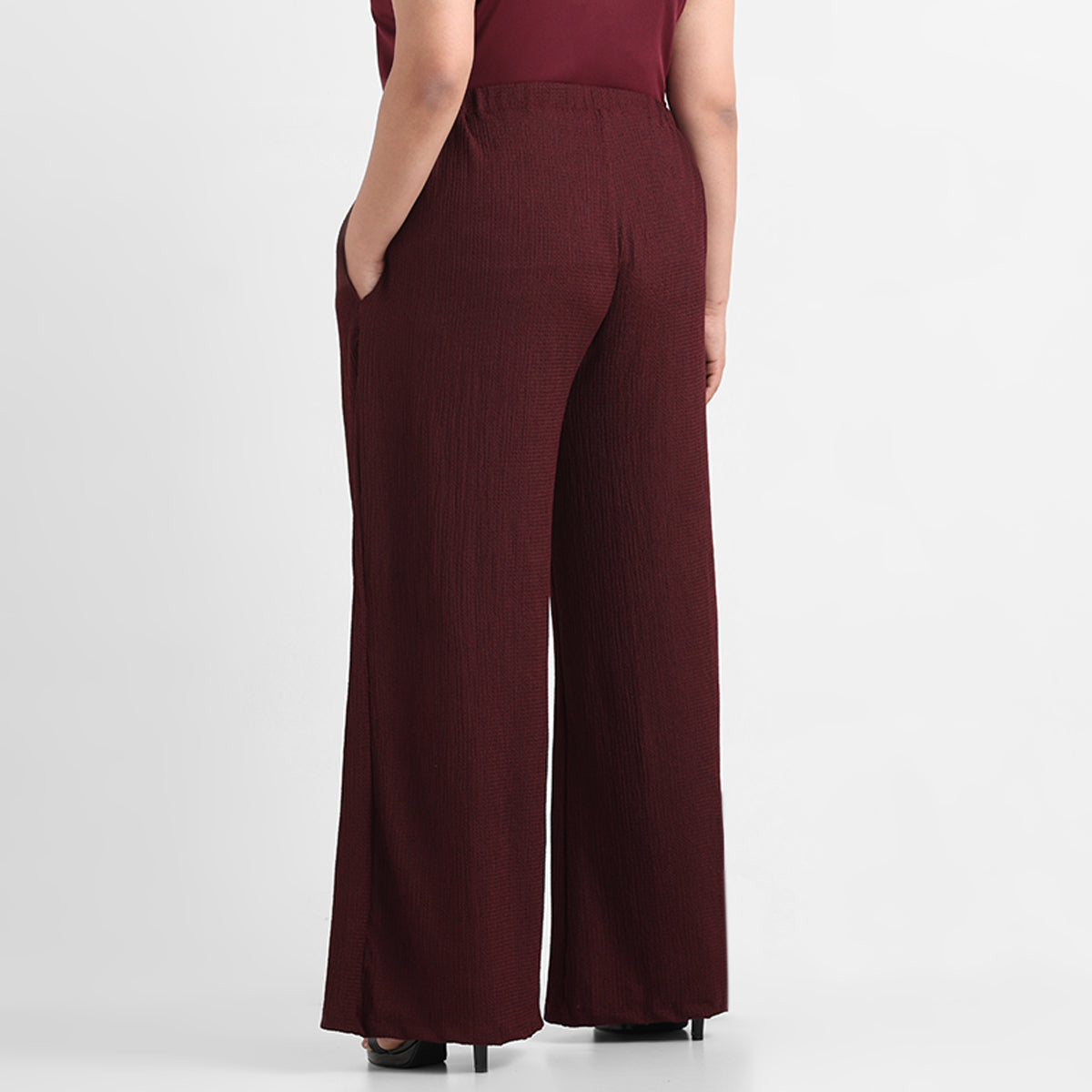 Maroon textured knit plus size flare pants