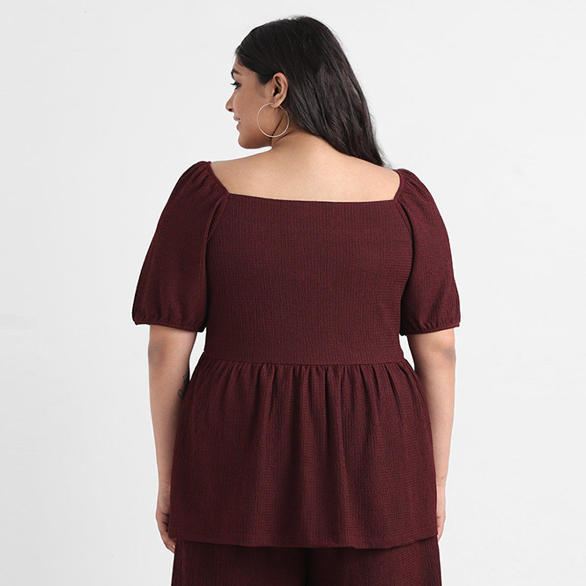 Maroon textured knit plus size peplum top