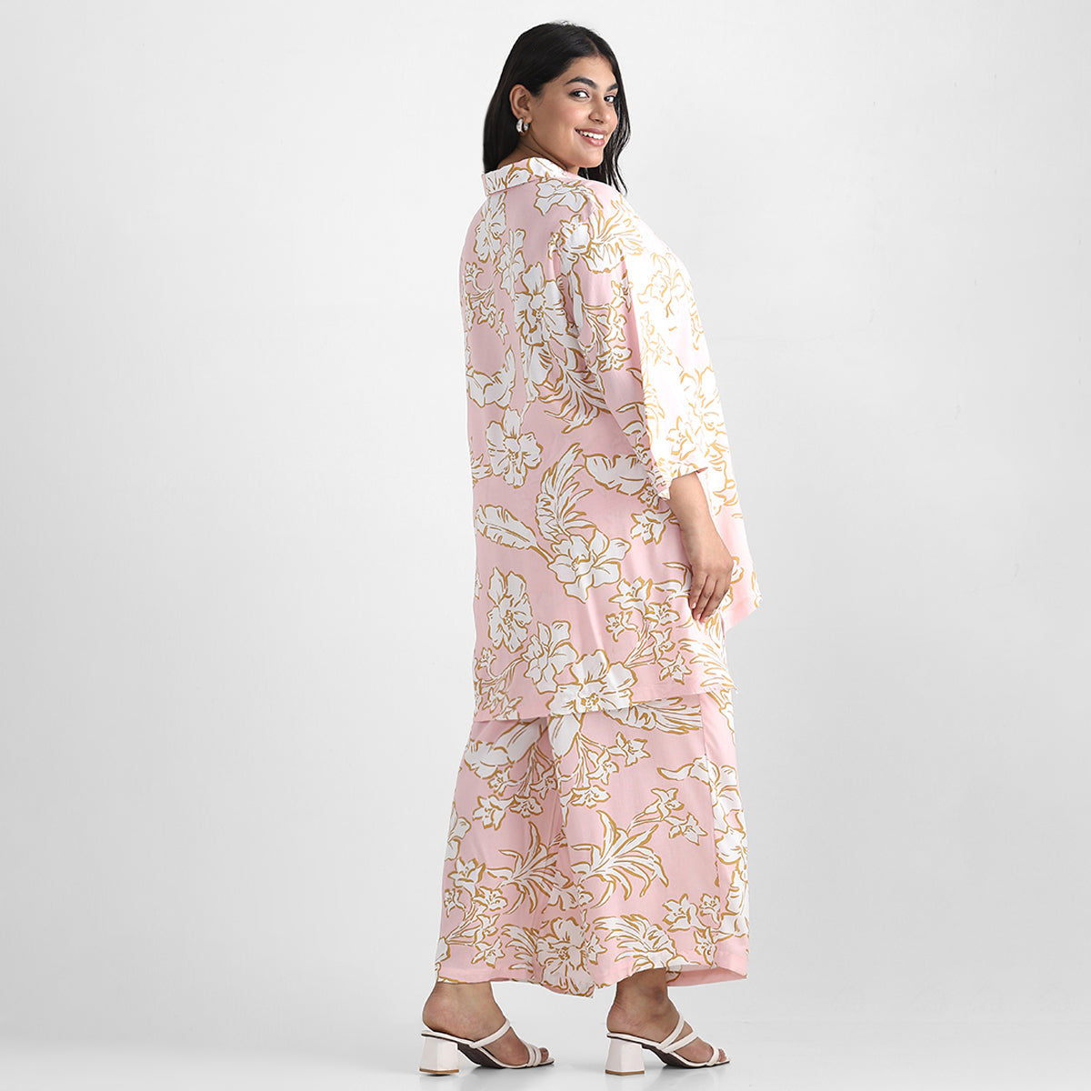 Pink Floral Rayon Plus Size Ethnic Co-ord Set