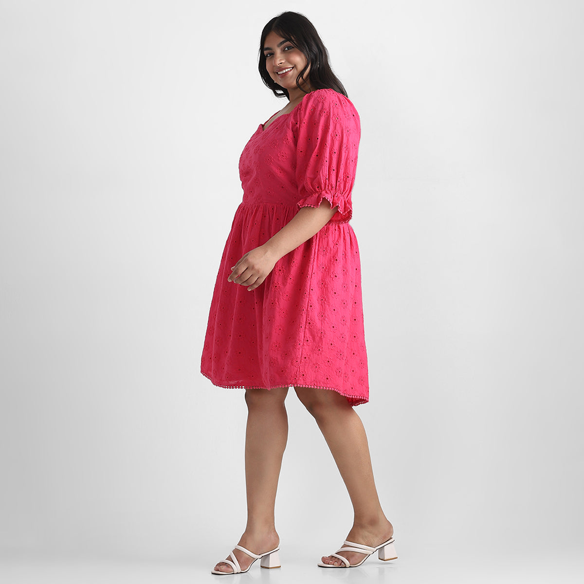 Pink Schiffli Plus Size Short Dress