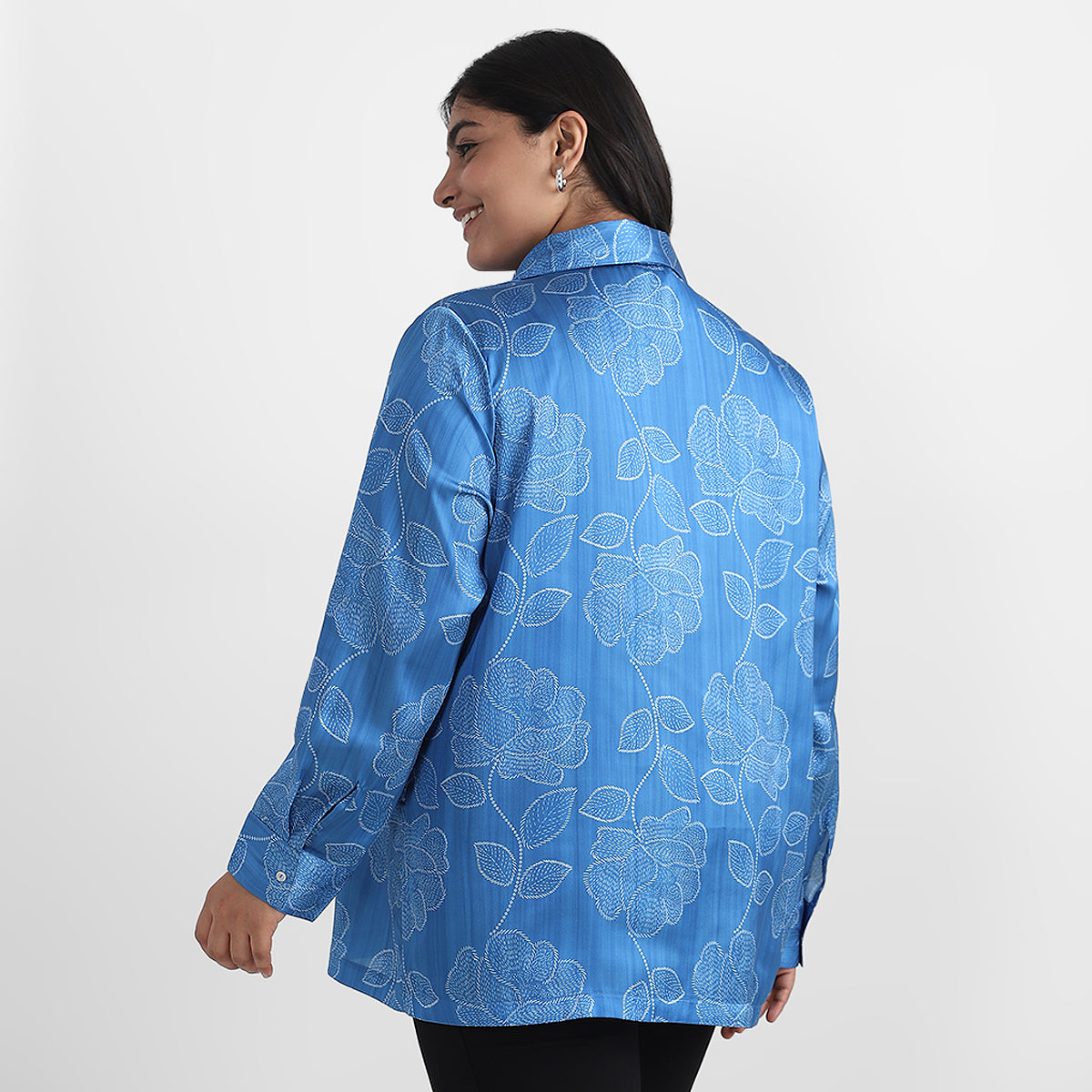 Blue Satin Print Plus Size Basic Shirt