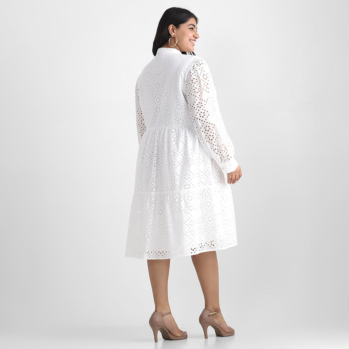 White Cutwork Schiffli Cotton Plus Size Short Dress