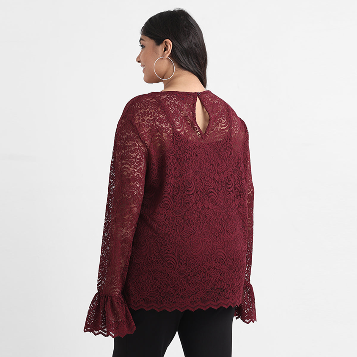 Maroon plus size knit lace keyhole top