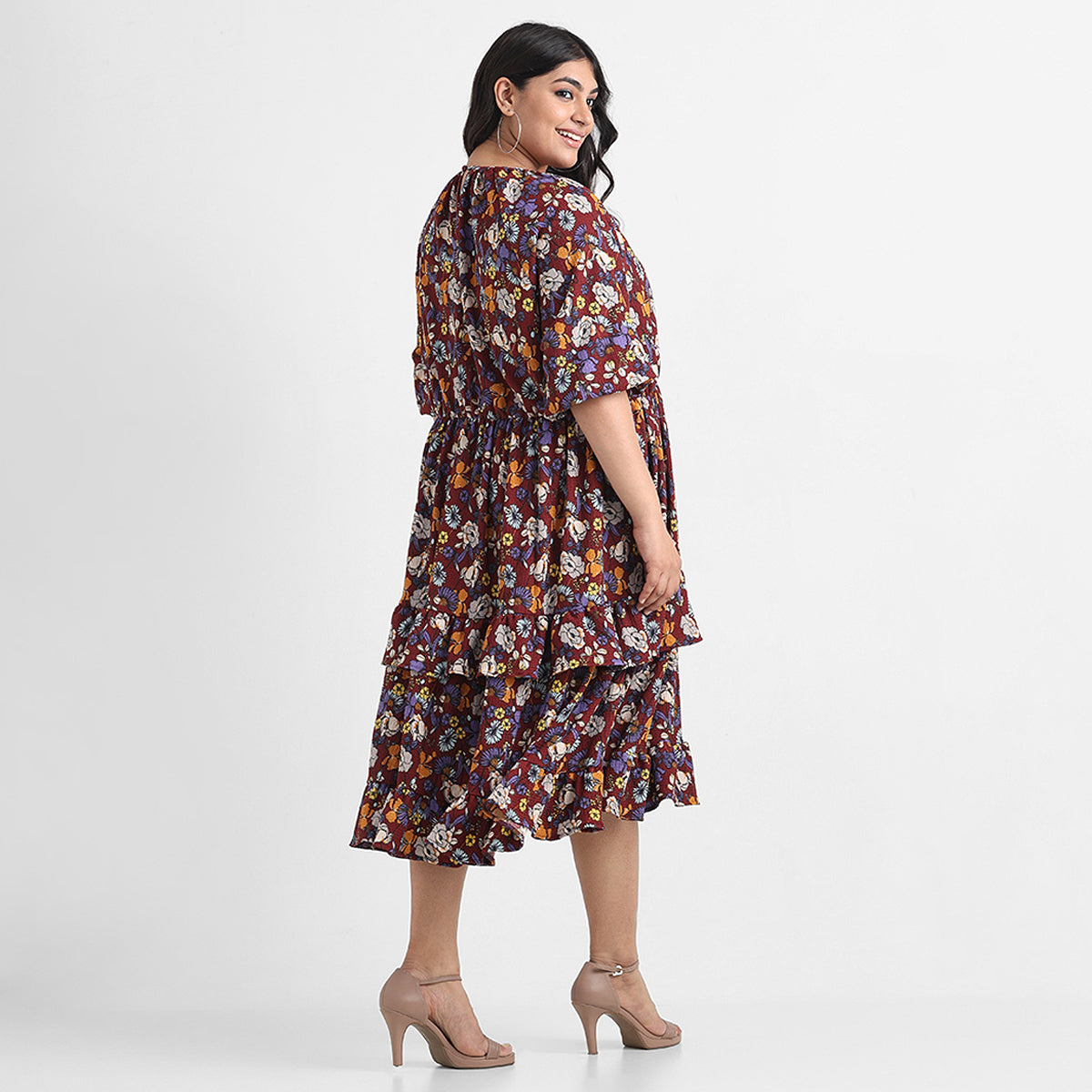 Brown floral print plus size textured knit midi dress