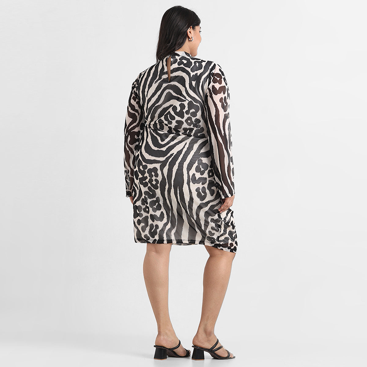 Monochrome animal print plus size ruched mesh dress