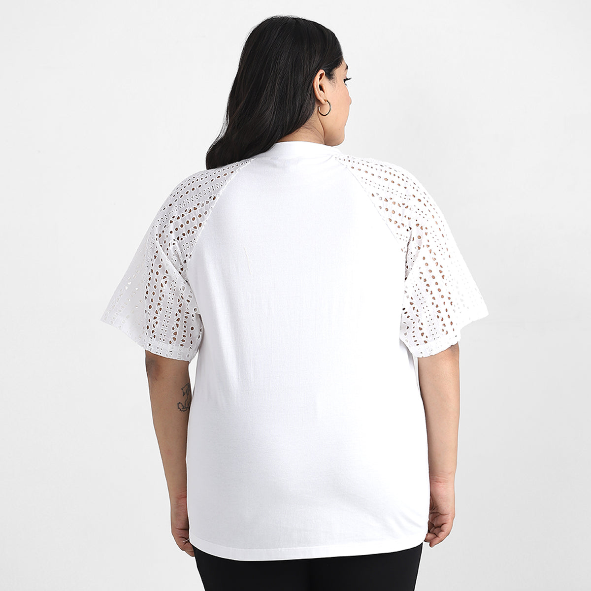 Cotton Schiffli Sleeve Detail Plus Size Tshirt