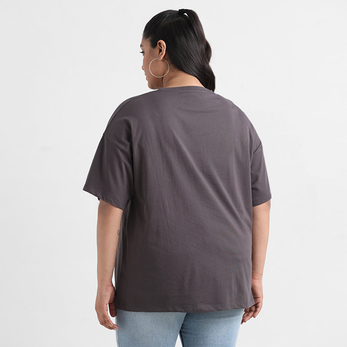 Charcoal grey plus size shoulder print cotton tee