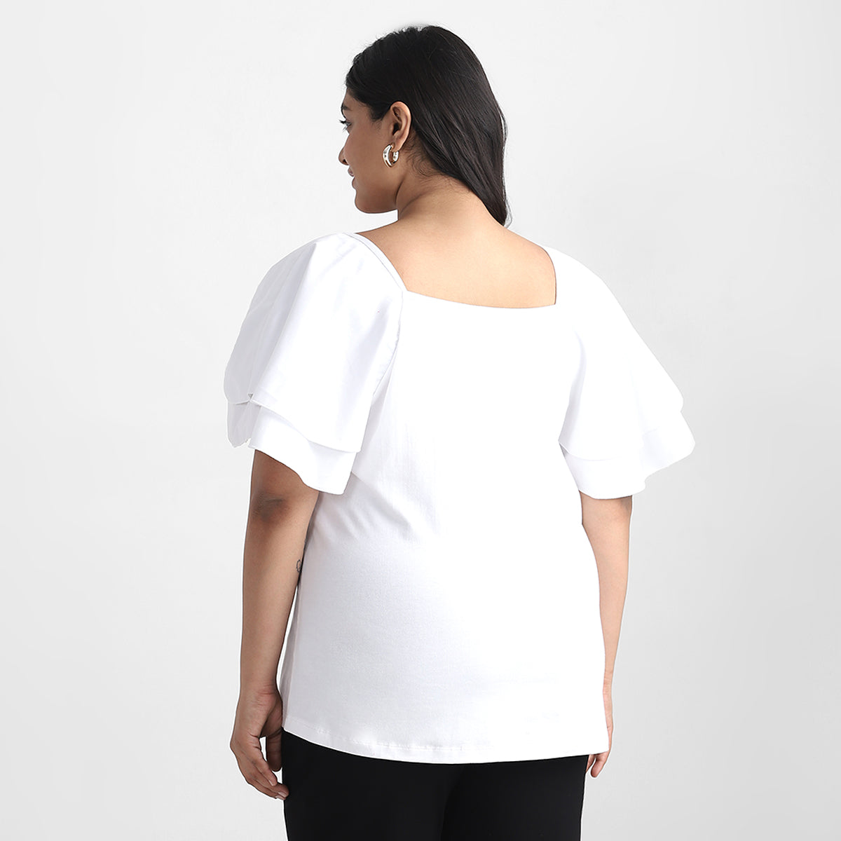 White Poplin Ruffle Sleeves Plus Size Knit Top