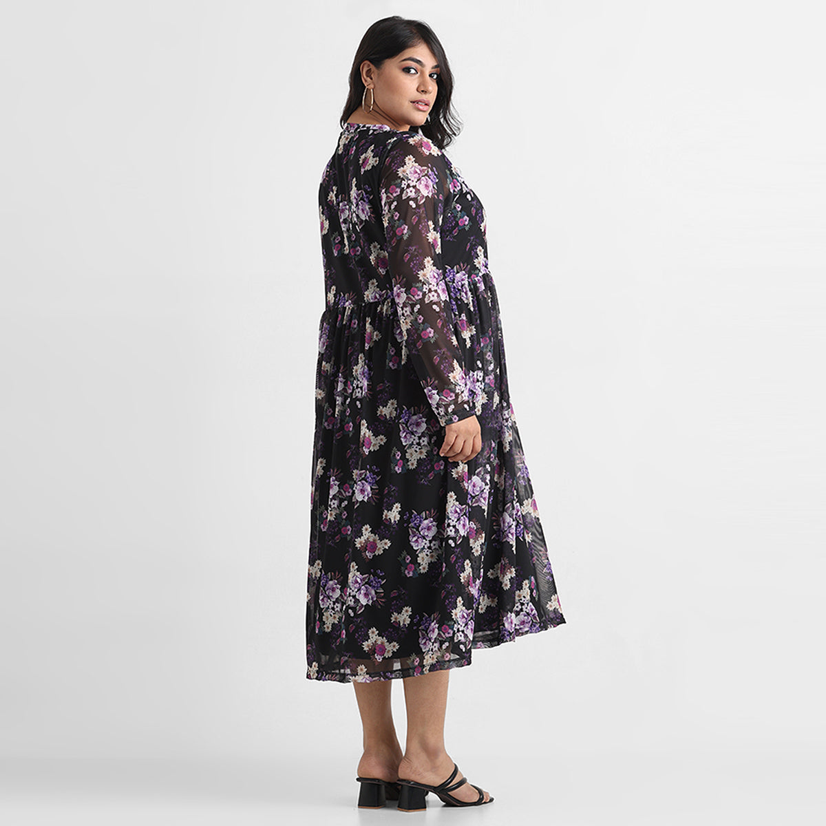 Black floral print plus size mesh midi dress