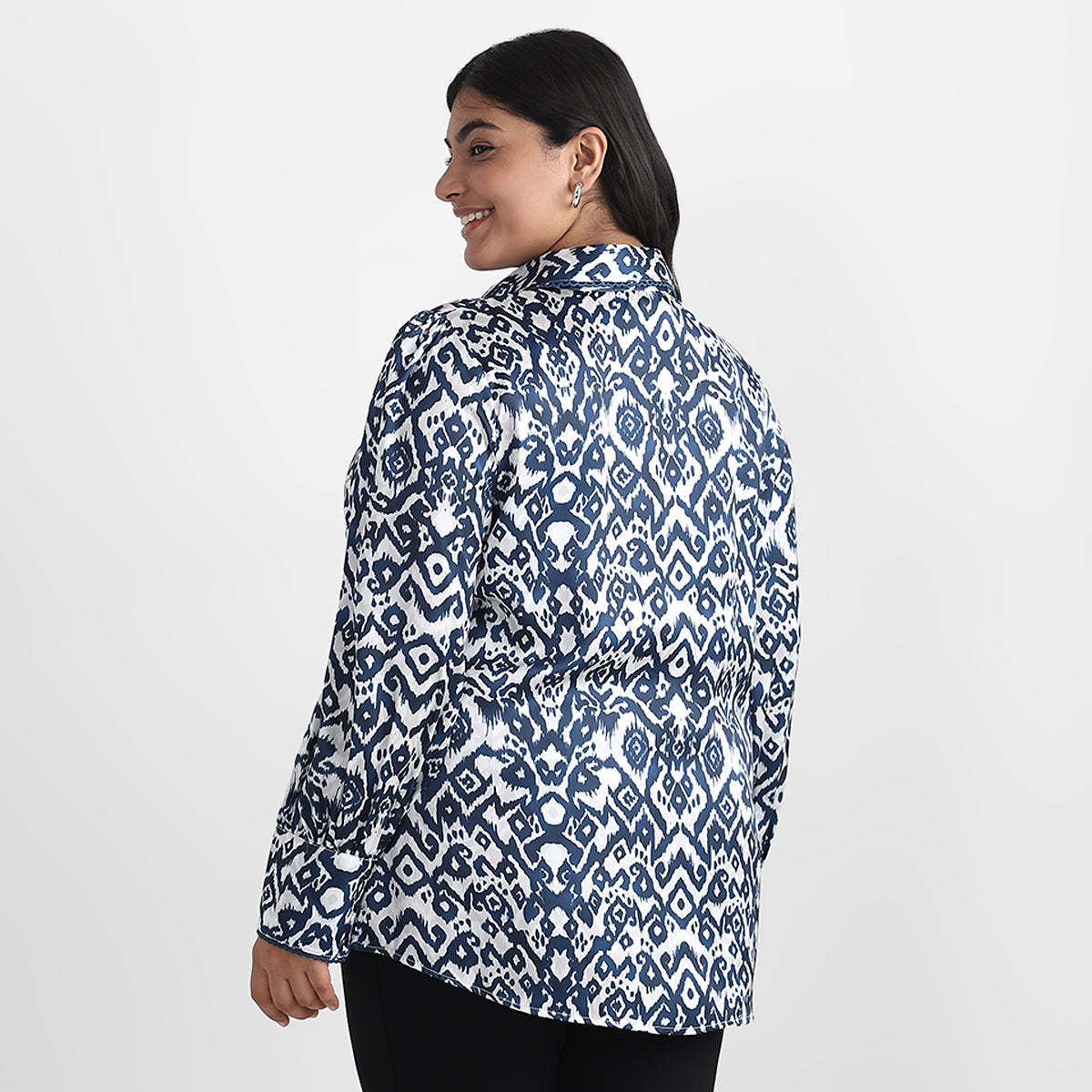 Ikat Print Satin Plus Size Shirt