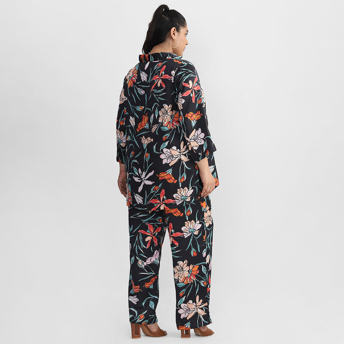 Black Floral Printed Plus Size Satin Co-ord Set