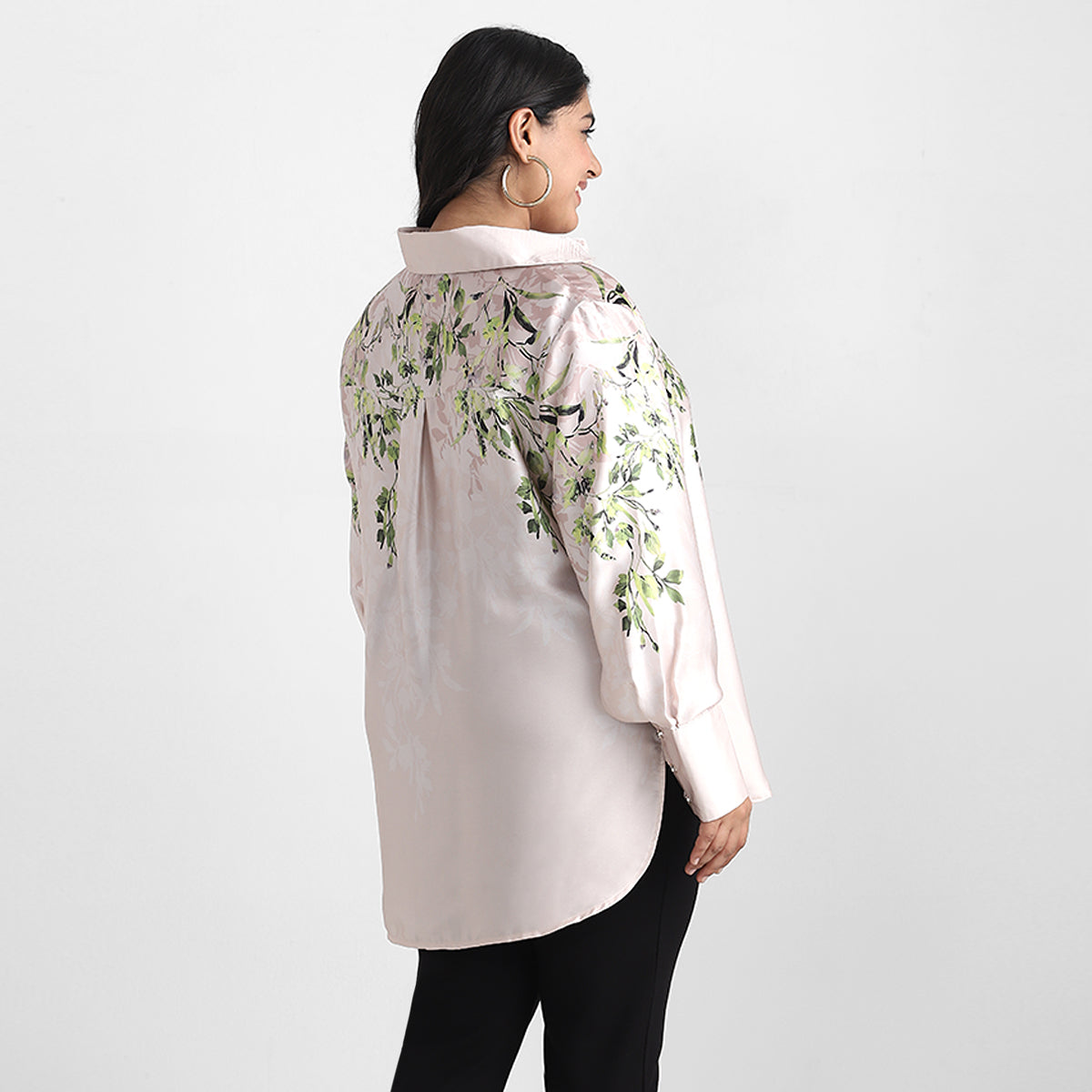 Leaf Print Plus Size Satin Basic Shirt