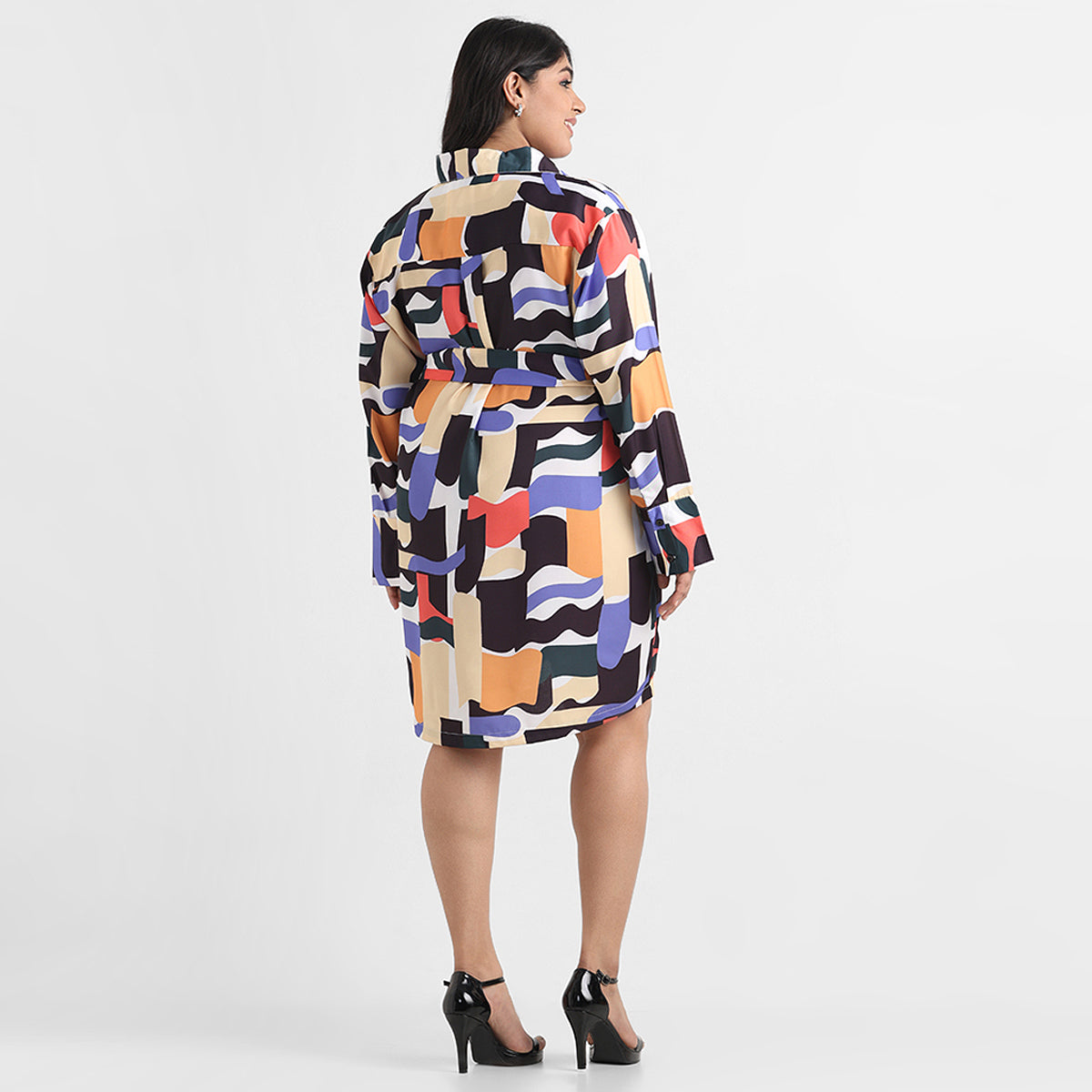 Abstract print plus size satin shirt dress