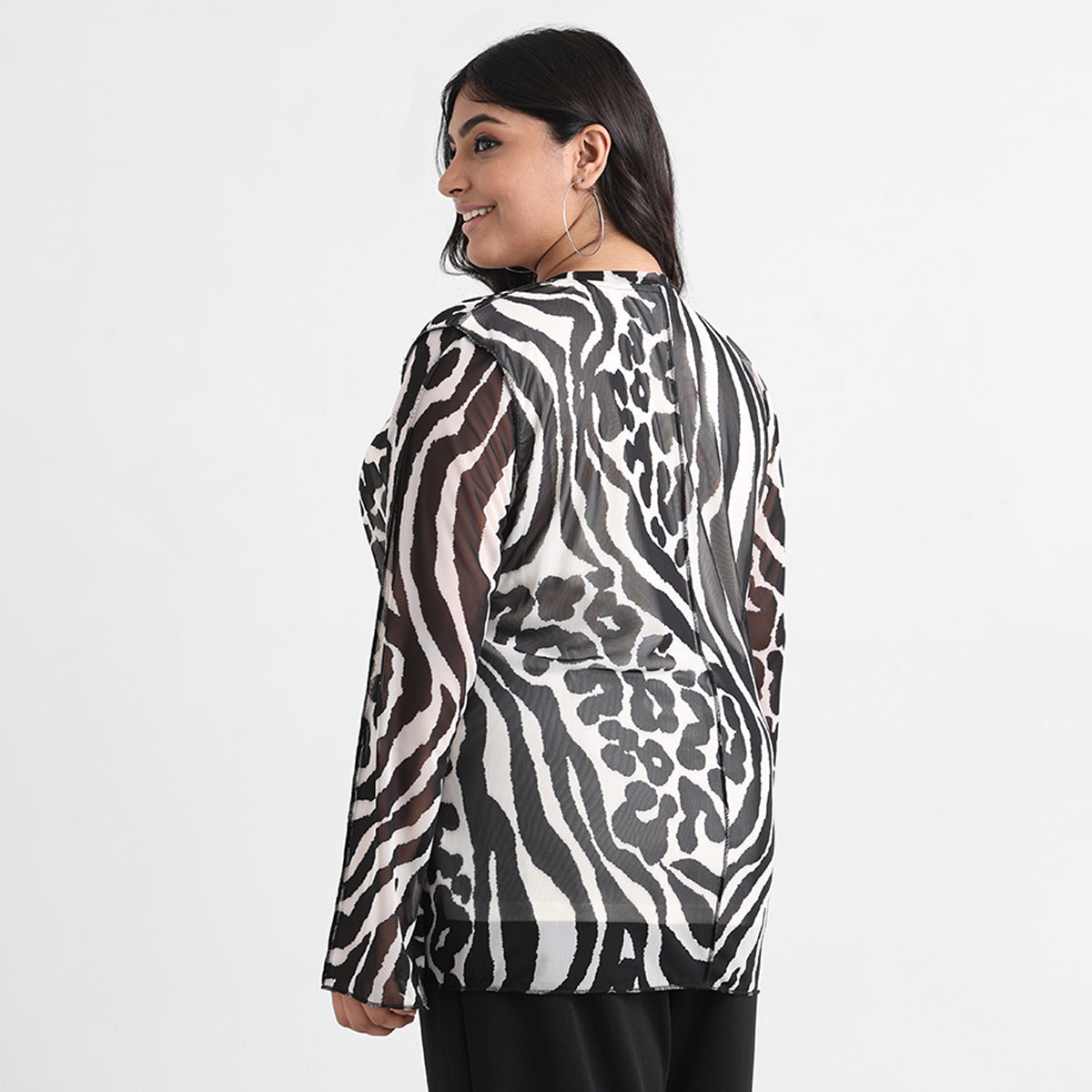 Monochrome animal print overlock detail plus size mesh top