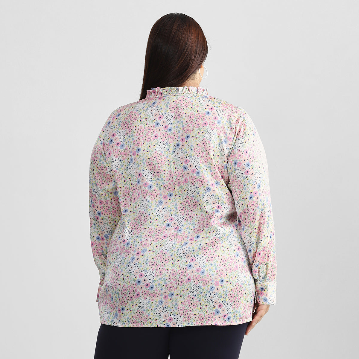 White Floral Printed Plus Size Ruffle Neck Satin Shirt