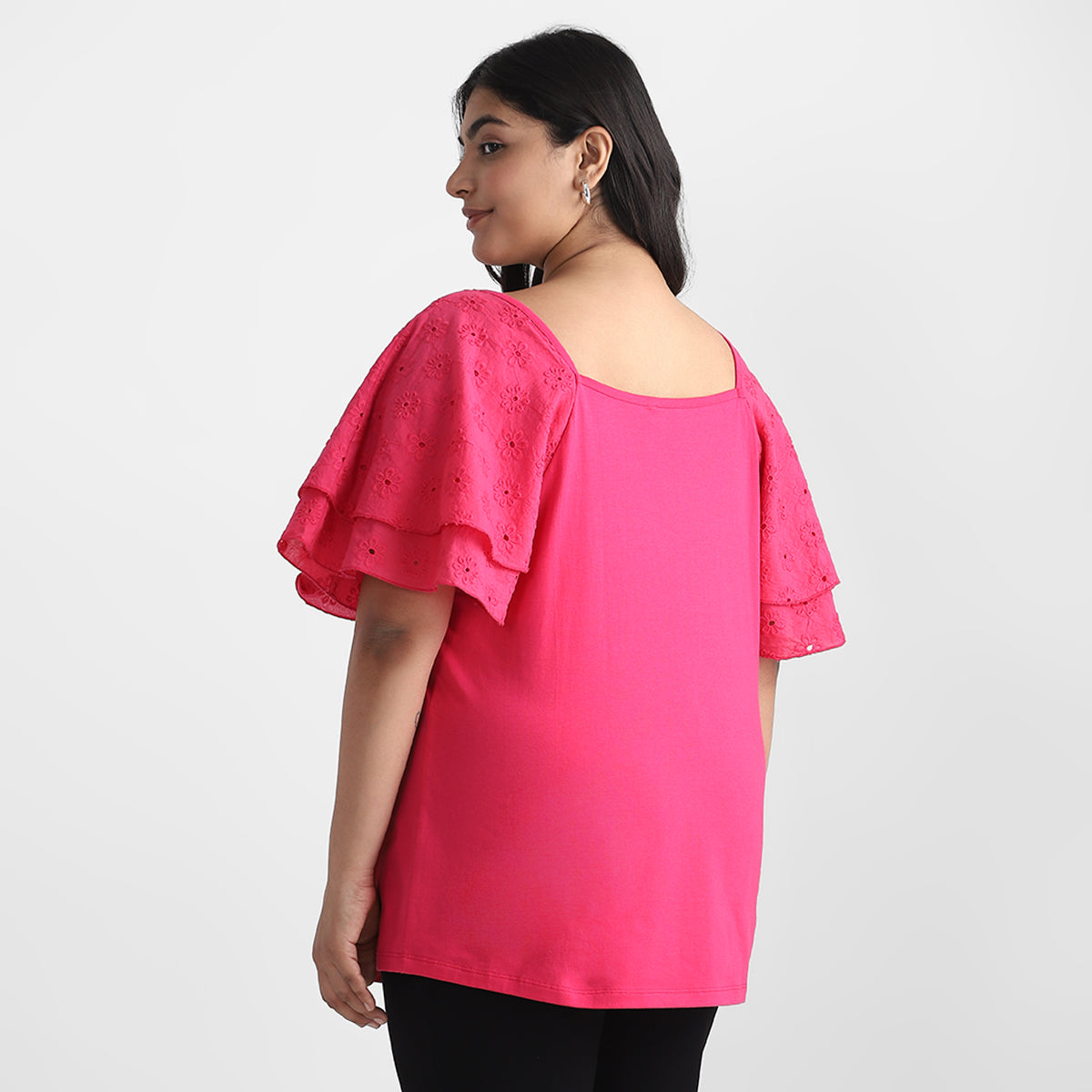 Pink Poplin Ruffle Sleeves Plus Size Knit Top