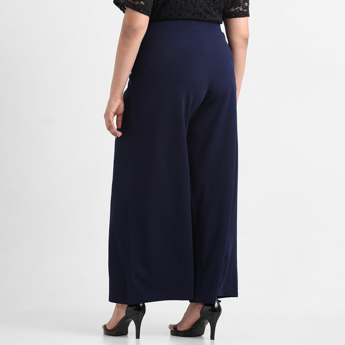 Navy blue textured knit plus size buttoned wide leg trousers