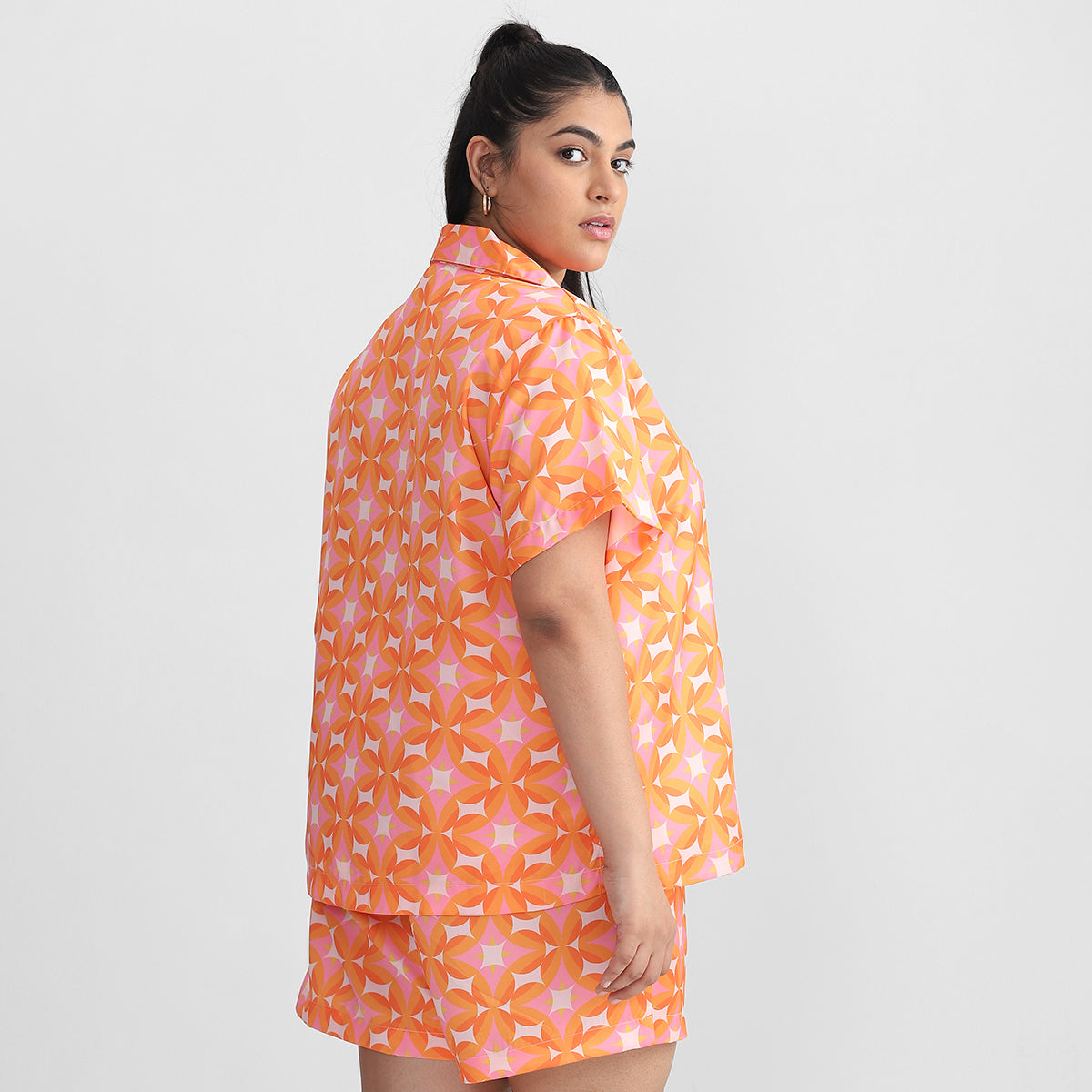 Orange Geometric Print Plus Size Satin Short Set