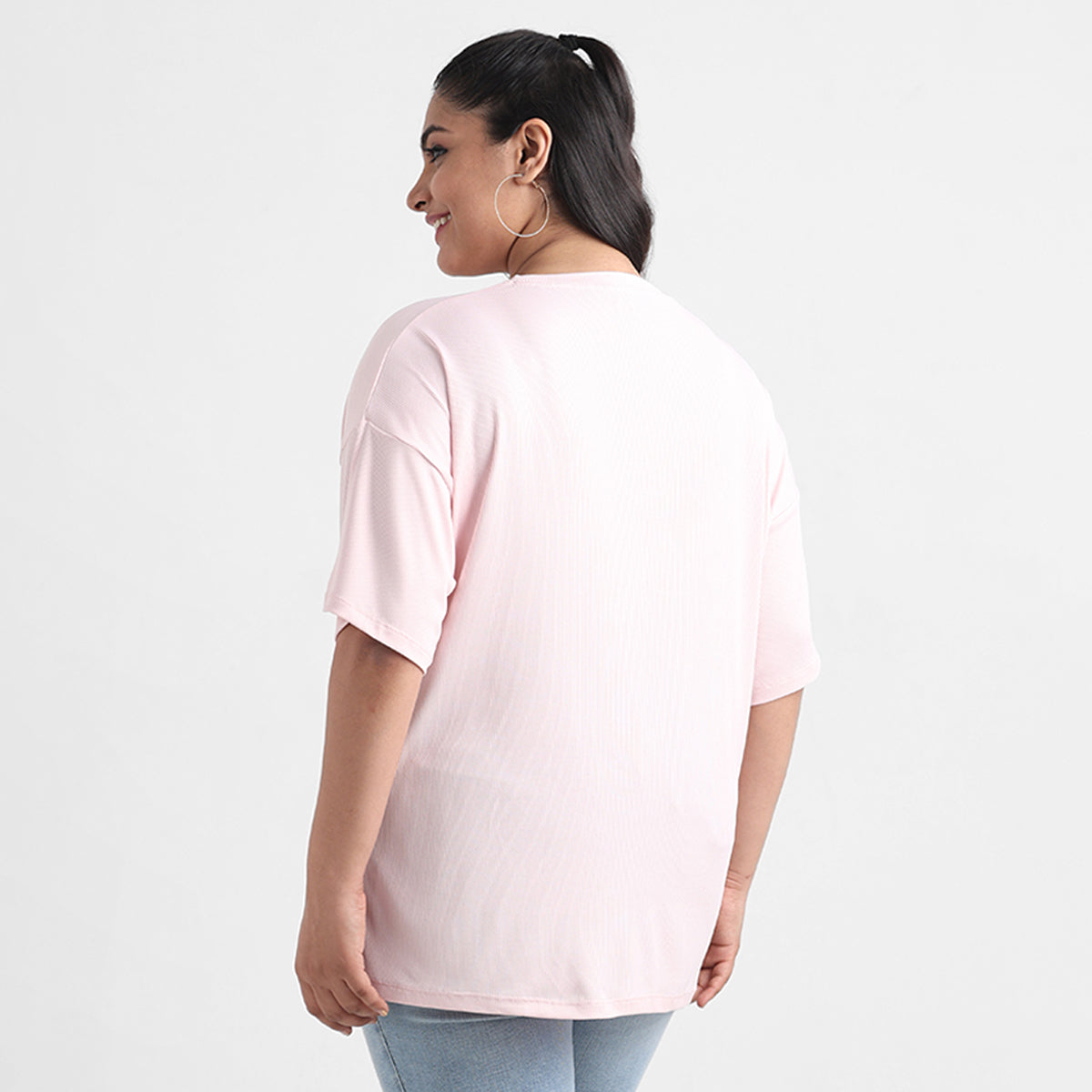 Pink rib plus size chest print t-shirt