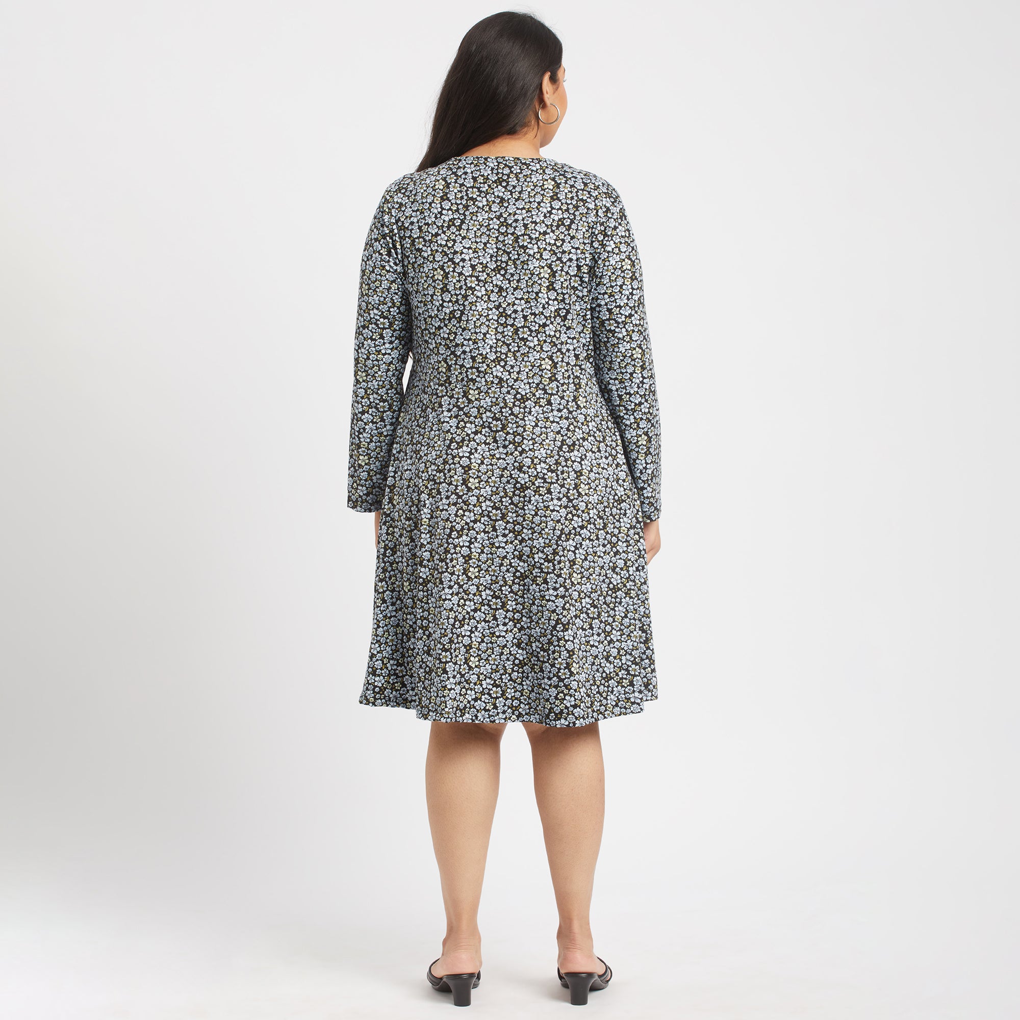 Blue ditsy floral plus size knit jersey keyhole dress