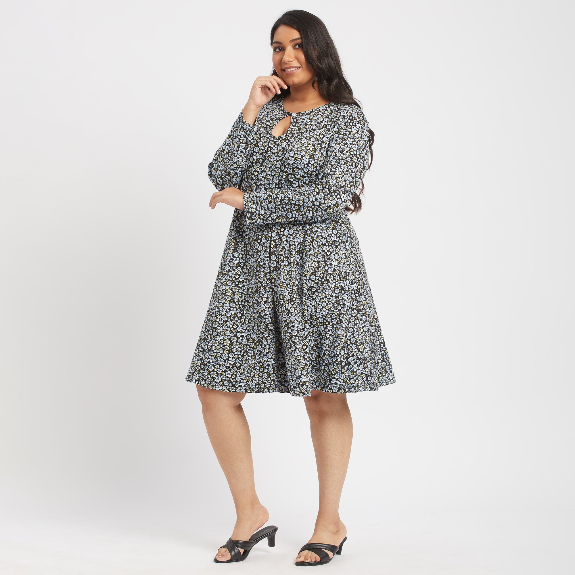 Blue ditsy floral plus size knit jersey keyhole dress