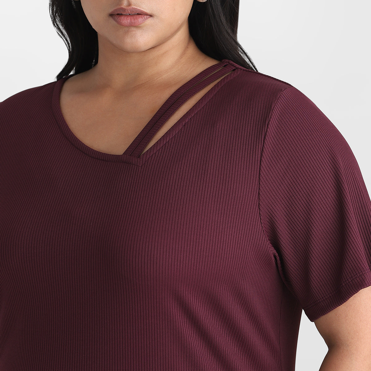 Maroon V Neck Rib Plus Size Tshirt