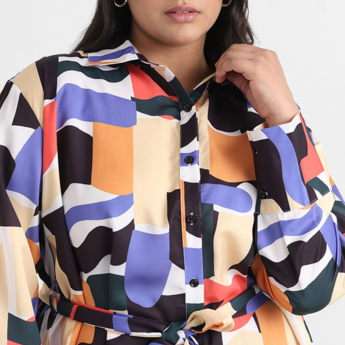 Abstract print plus size satin shirt dress